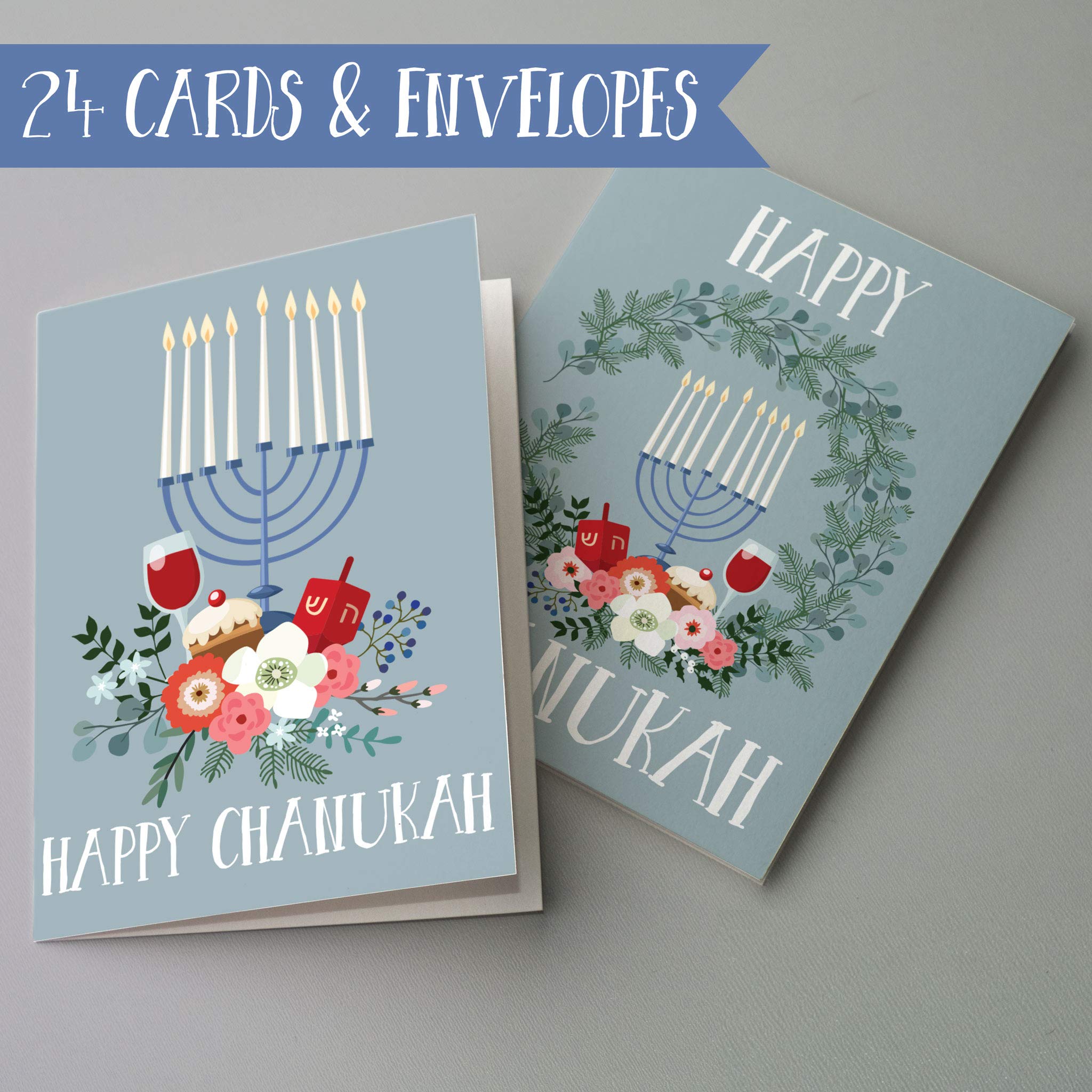 24 Pack Blank Hanukkah Greeting Cards with Envelopes - Bulk Chanukah Cards for Jewish Holidays, Menorah & Floral Designs, USA Made | Perfect for Office Gifts, Family Celebrations & Holiday Wishes