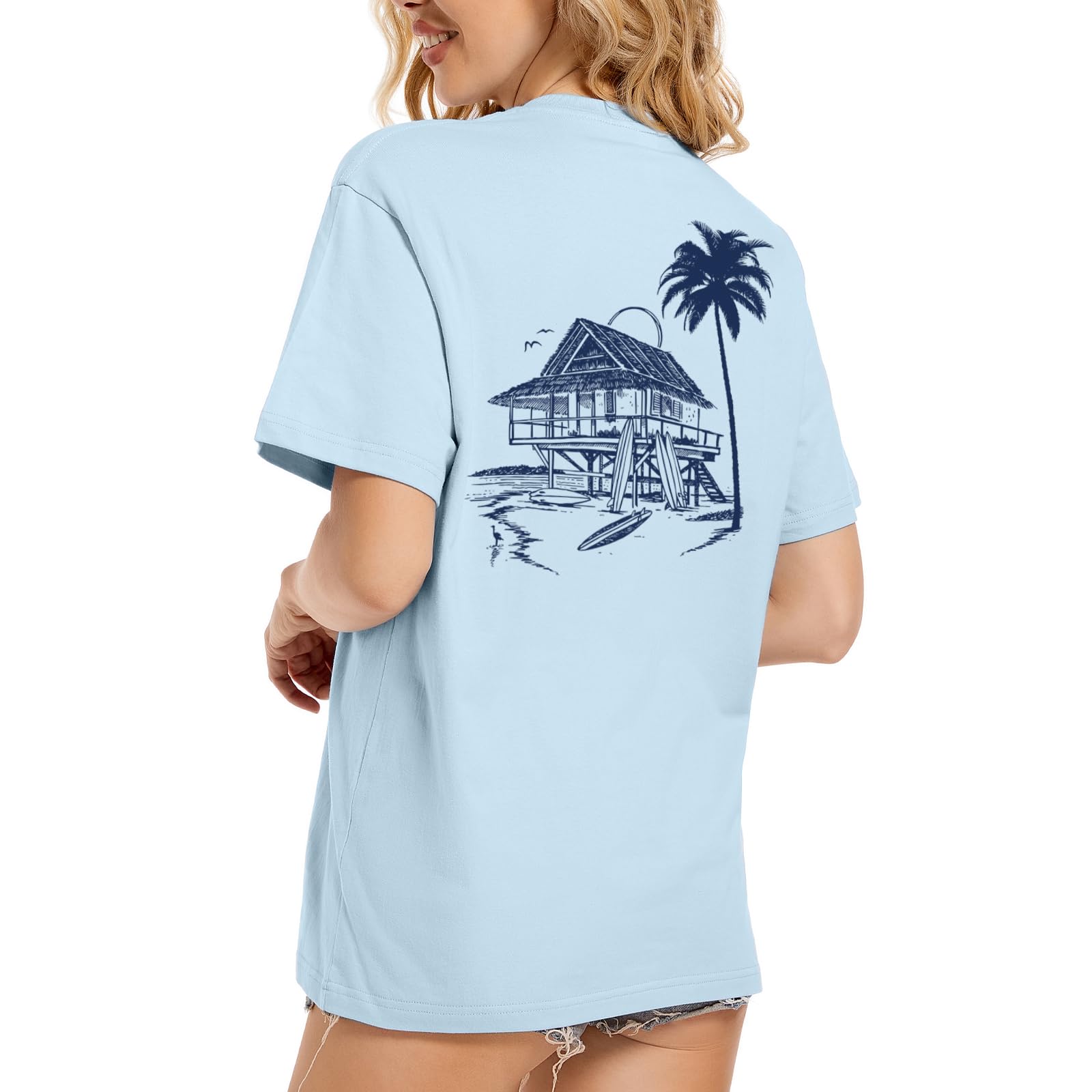 Tuislay Women's Oversized Beach Shirts - Palm Tree Graphic Hawaiian Vacation T-Shirts | Light Blue L | Summer Casual Wear, Tropical Getaway, Poolside Relaxation