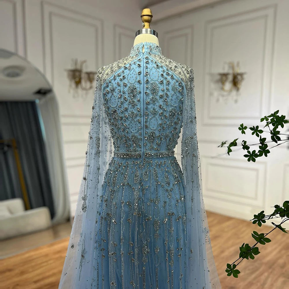 Elegant Blue Beaded A-Line Evening Gown with Cape Sleeves - LA71803G | Formal Party Dress for Prom, Wedding & Black Tie Events