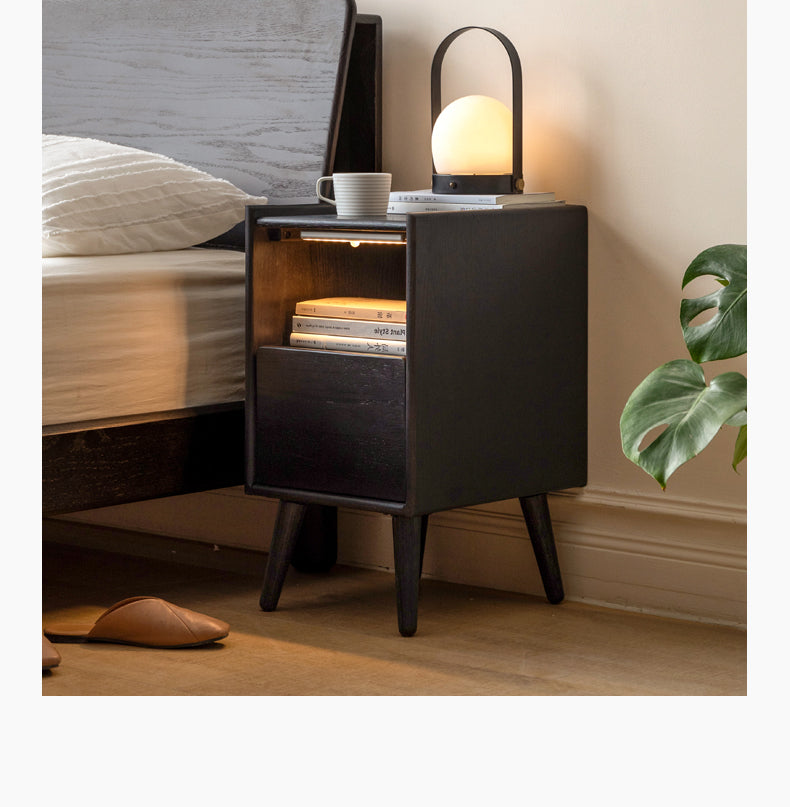 Solid Oak Wood Ultra Narrow Nightstand with Soft Light Sensor - Perfect for Small Bedrooms, Apartments, and Cozy Spaces
