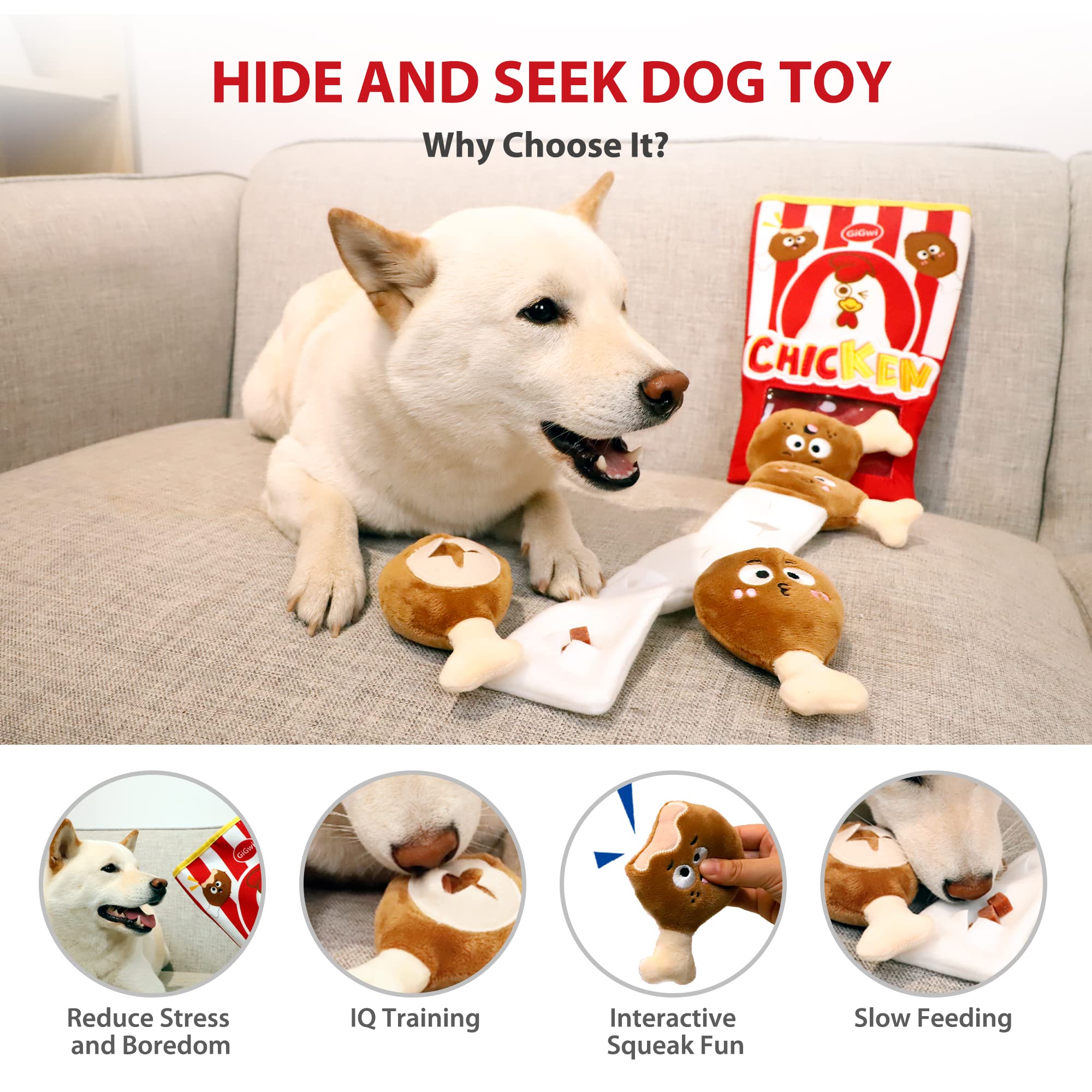 Gigwi Interactive Squeaky Dog Toys for Small Medium Large Dogs - Hide & Seek Puzzle Toys for IQ Training, Boredom Relief & Mental Stimulation - Funny Crinkle Dog Toy Set with Bucket - Perfect for Indoor Play, Outdoor Fetch & Training Sessions