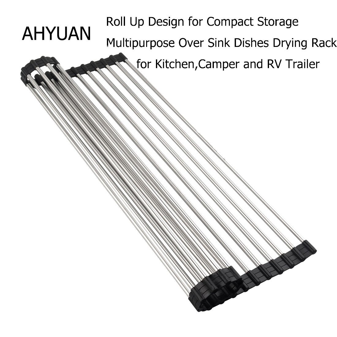 Ahyuan Foldable Over The Sink Dish Drying Rack - Portable Roll Up Kitchen Dish Drainer for Counter Space Saving - Black 20.5