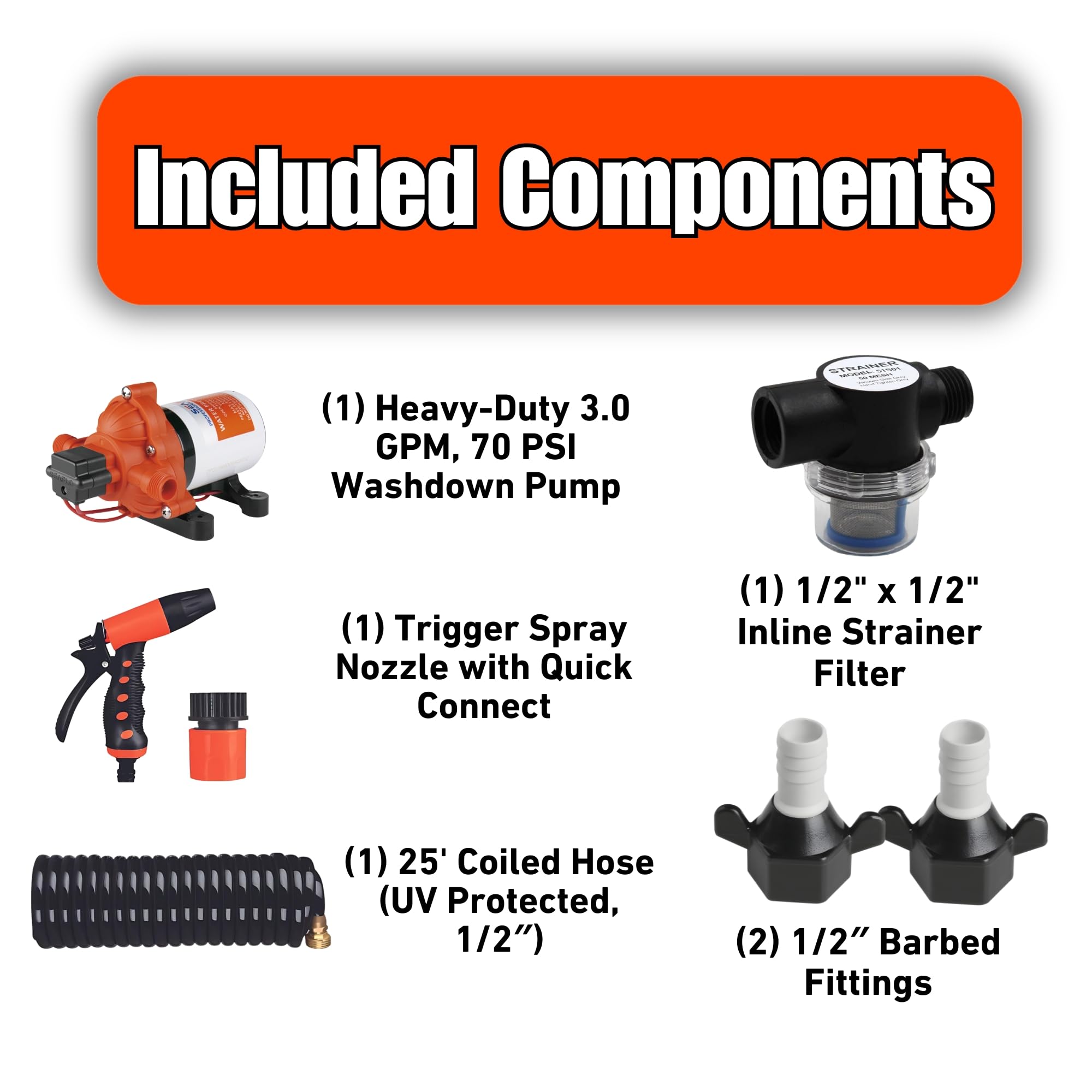 SEAFLO 33 Series Heavy Duty 12V DC Washdown Deck Wash Pump Kit - 3.0 GPM, 70 PSI with Pressure Switch for RV, Boat, Marine & Yacht | Freshwater & Saltwater Applications | Perfect for Deck Cleaning, Bilge Pumping & Water Transfer | 4-Year Warranty