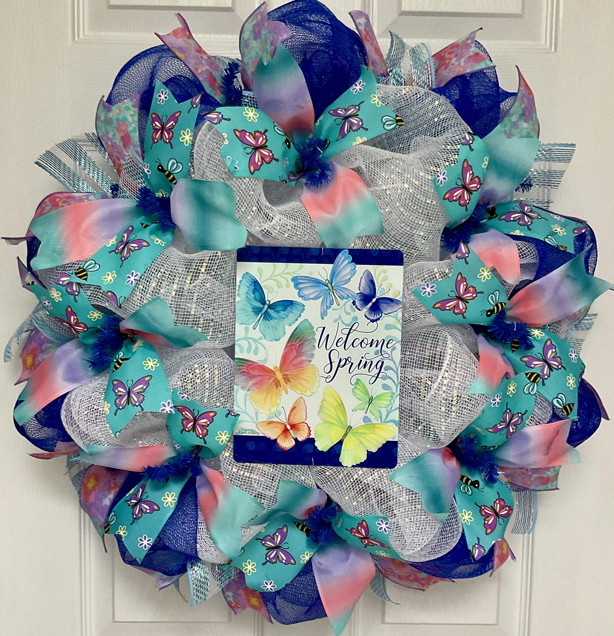 Handmade Deco Mesh Butterfly Wreath for Spring - Floral Door Hanger for Easter, Home Decor & Front Door Welcome Sign