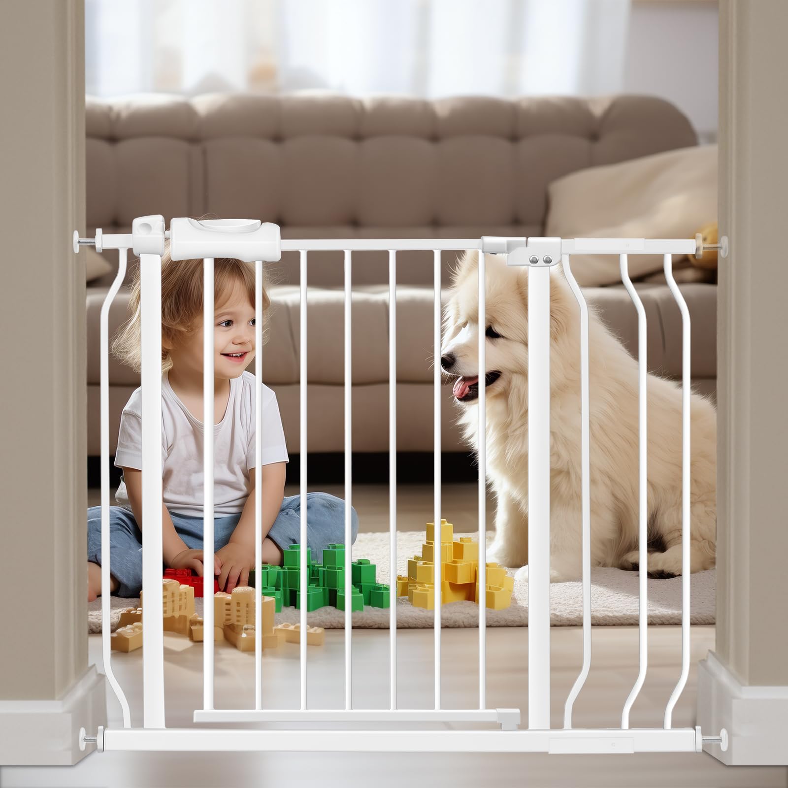 Extra Wide & Tall Baby & Dog Gate - 34-38.5 Inch Adjustable White Metal Safety Gate for Stairs & Doorways | Pressure Mount Child & Pet Barrier | Perfect for Homes with Toddlers & Large Dogs