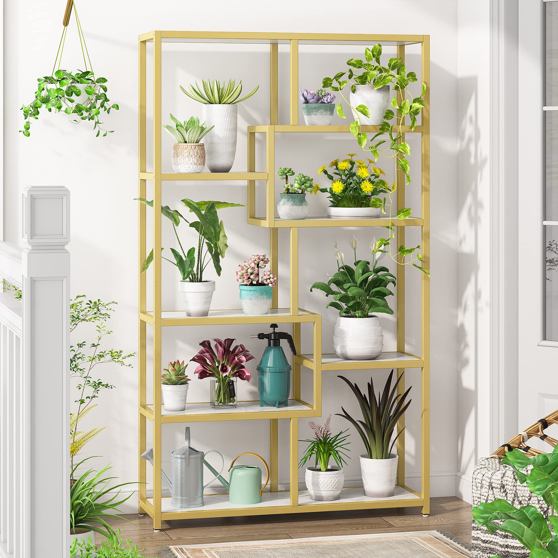 Tribesigns 8-Tier Gold Bookcase with Faux Marble - Modern Open Shelf Book Shelf for Home Office, Living Room & Bedroom - Stylish Storage Organizer for Books, Decor & Display Items