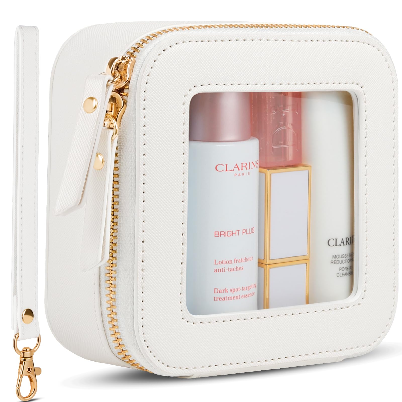 Clear Leather Makeup Bag for Women & Teens | Mini Cosmetic Pouch for Purse Organizer | Small Travel Essentials Pouch | Cute White Makeup Case for Car, Gym & Daily Use | Perfect Gift for Her
