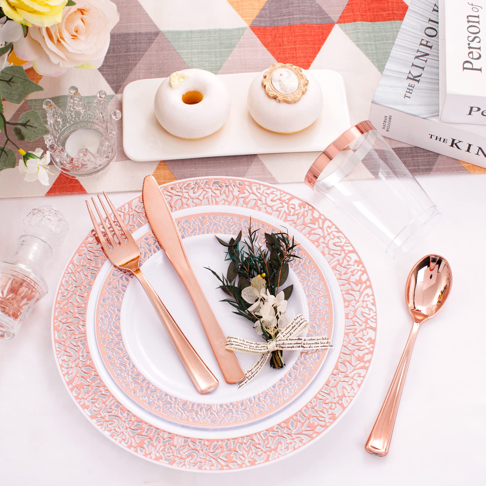 WELLIFE 175-Piece Rose Gold Plastic Dinnerware Set - 25 Dinner Plates (10.25