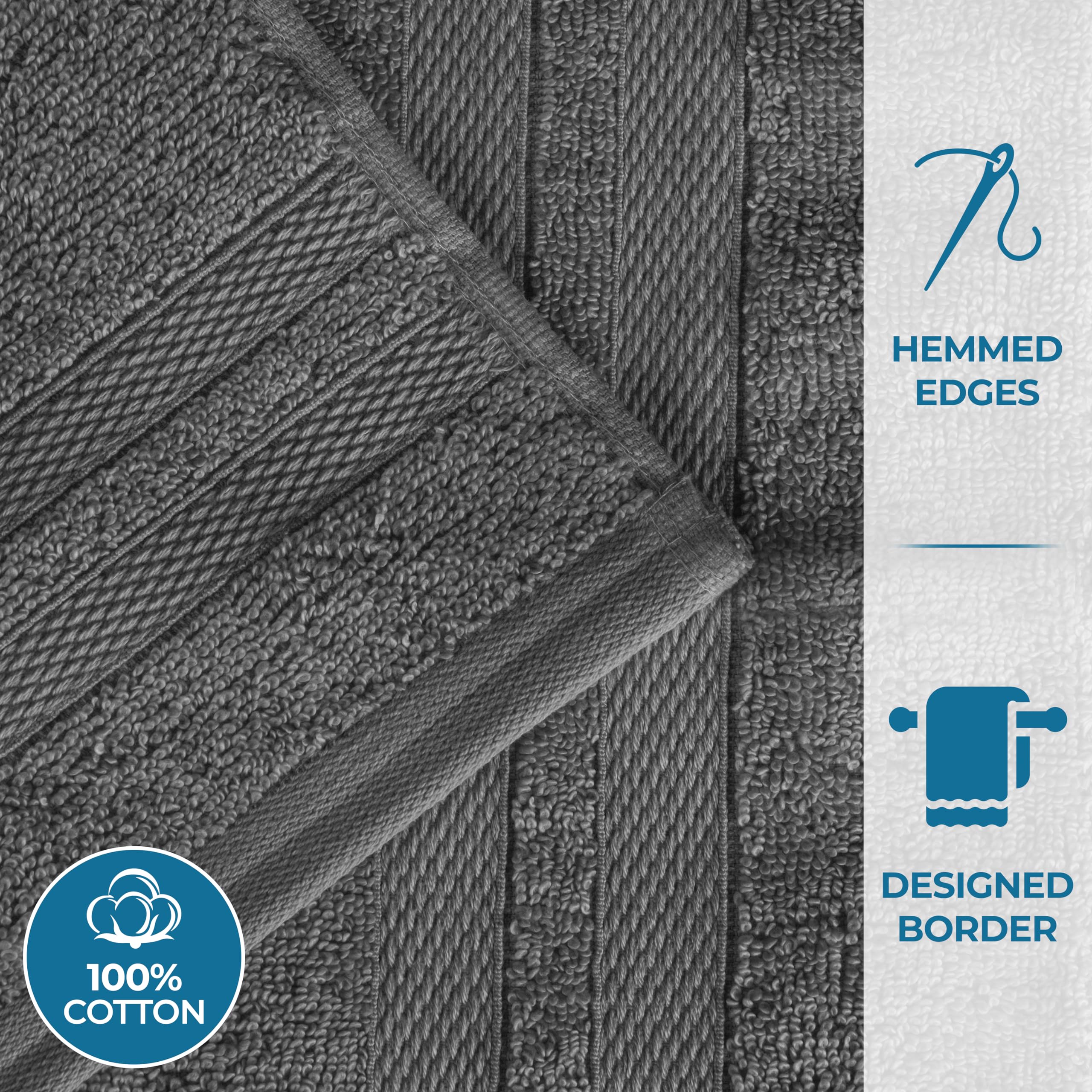 BNM Ultra-Soft Cotton Towel Set - 8 Piece Bath & Hand Towels with Washcloths | Quick-Dry, Absorbent & Durable | Perfect for Shower, Spa, Gym & Home Essentials | Solid Color with Double Line Dobby Border (Charcoal)