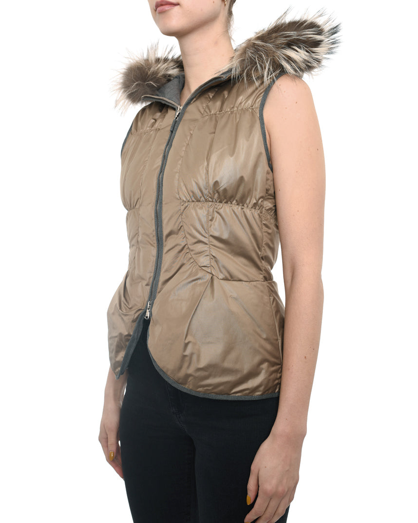 Brunello Cucinelli Women's Light Taupe Puffer Vest with Detachable Fur Hood - XS Small - Winter Fashion Outerwear for Casual & Outdoor Activities