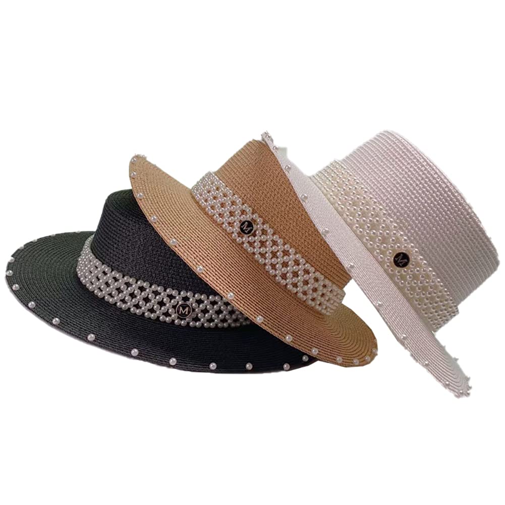 British Style Pearl Straw Boater Hat for Men & Women - Wide Brim Panama Sun Hat for Summer Beach, Outdoor Parties & Garden Events