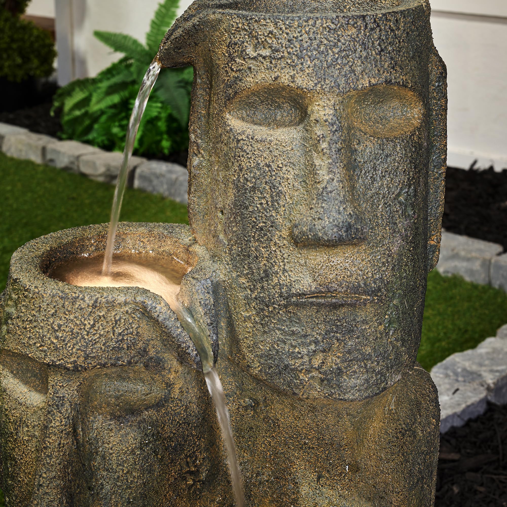 Hi-Line Gift Easter Island Head Fountain with 2 LED Lights - Outdoor Garden Decor, Patio Water Feature, Unique Home & Yard Decoration