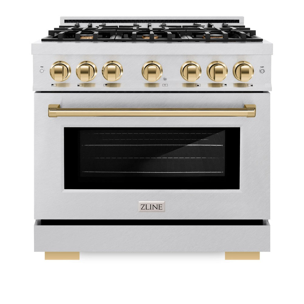 ZLINE Autograph Edition 36 Inch 5.2 Cu Ft Gas Range with 6 Burner Cooktop & Convection Oven - Satin Stainless Steel with Gold Accents (HGRSZ 36 G) - Professional Kitchen Appliance for Home Chefs & Cooking Enthusiasts