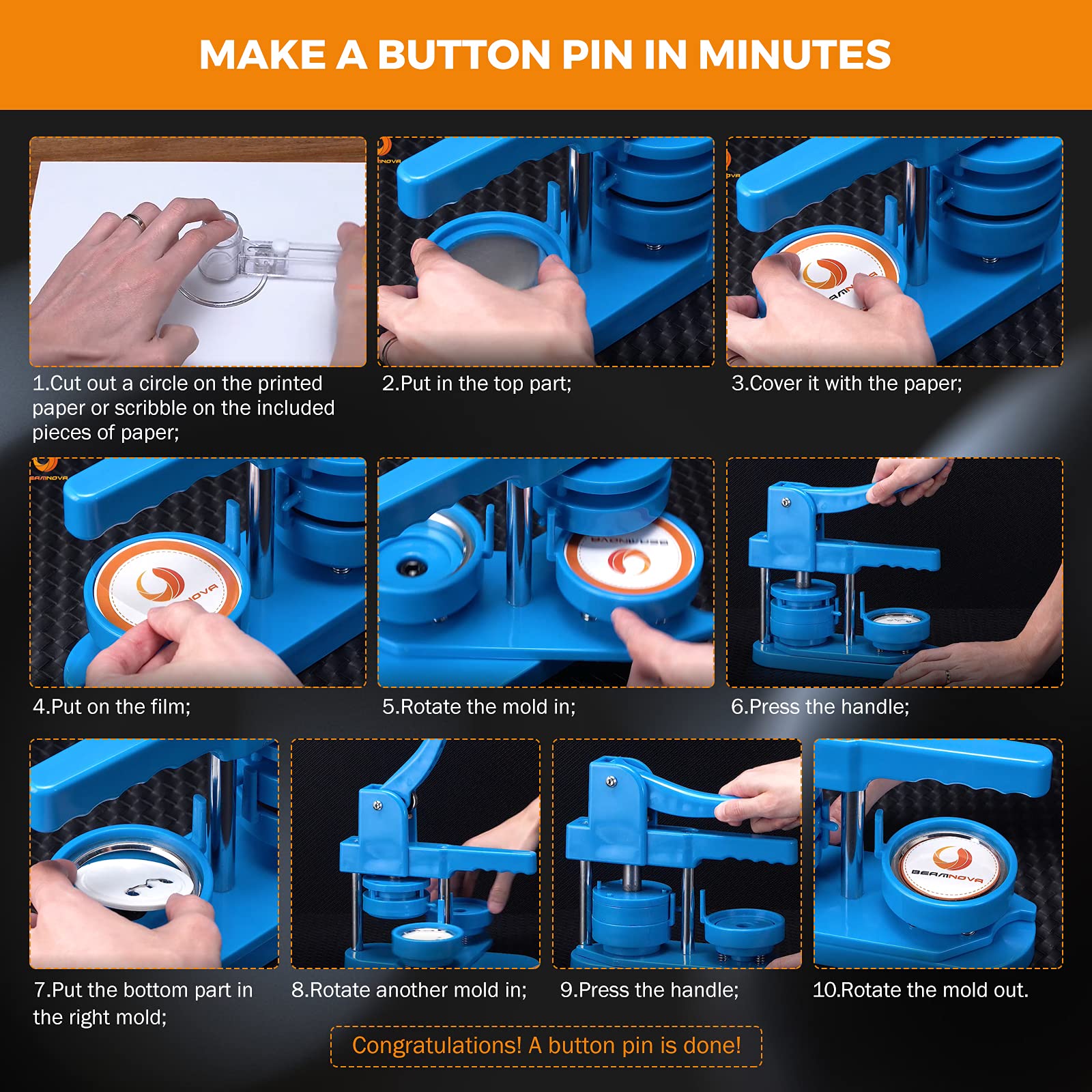 BEAMNOVA 32mm (1.26 Inch) Round Button Maker Machine Kit with 200 Button Parts - Rotary Style DIY Pin Badge Press for Crafts, Events & Promotions (Blue) - Perfect for Custom Pins, Fundraisers, School Projects & Business Branding