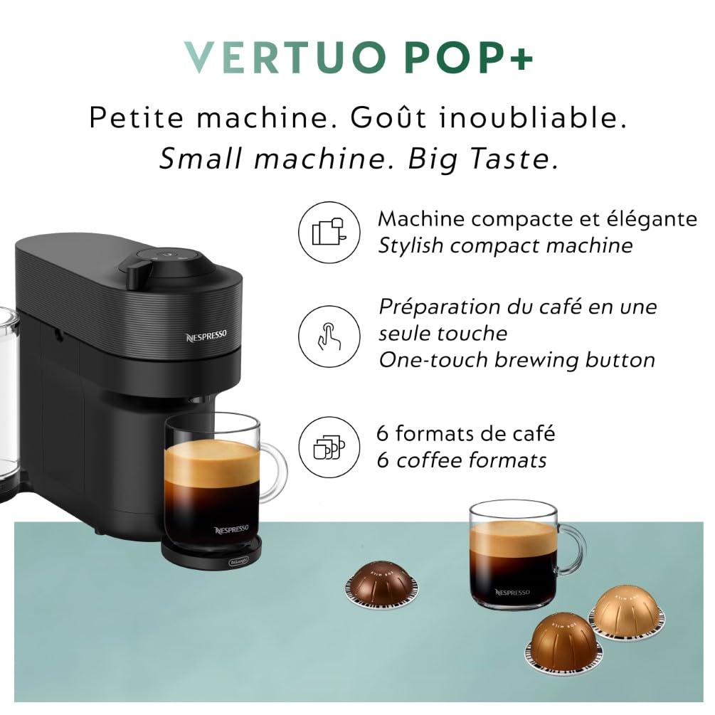 De'Longhi Nespresso Vertuo Pop+ Coffee & Espresso Machine with Aeroccino Milk Frother - Compact Single-Serve Pod Brewer for Home & Office - Liquorice Black (Perfect for Espresso, Latte & Cappuccino Lovers)