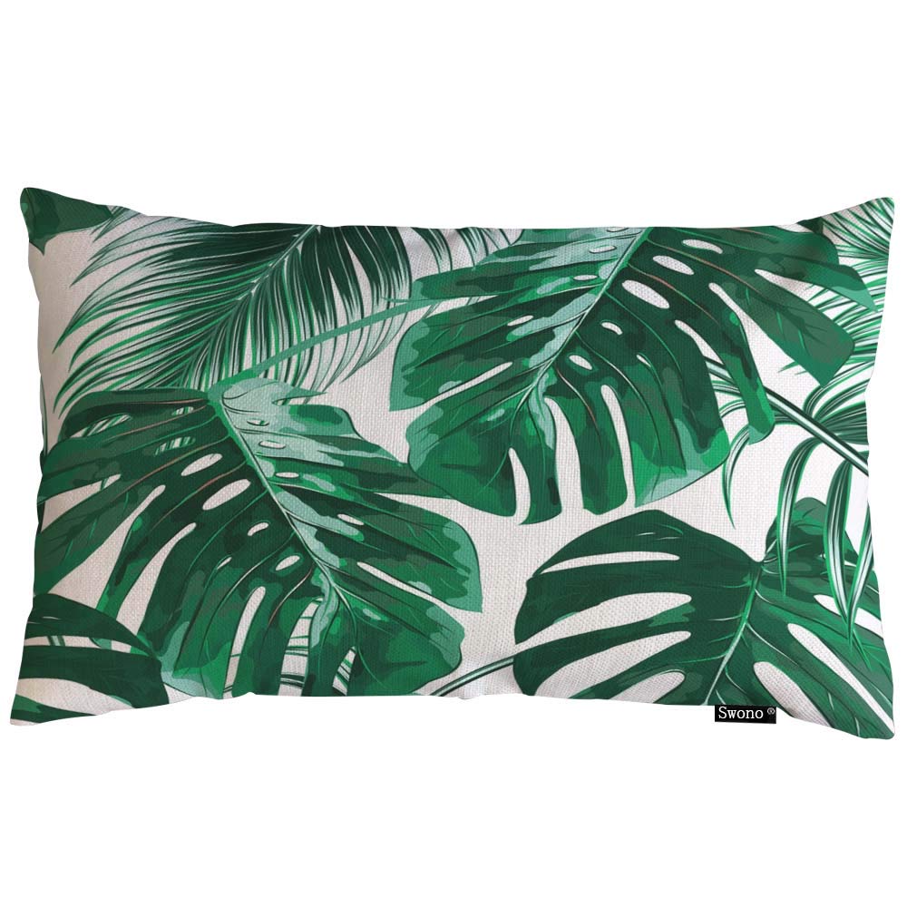 Swono Tropical Leaf Throw Pillow Cover 12x20 Inches - Green Palm Tree Leaves Design Cotton Linen Decorative Pillow Case for Sofa, Bed & Couch - Perfect for Boho Home Decor, Living Room Accent & Coastal Bedroom Styling