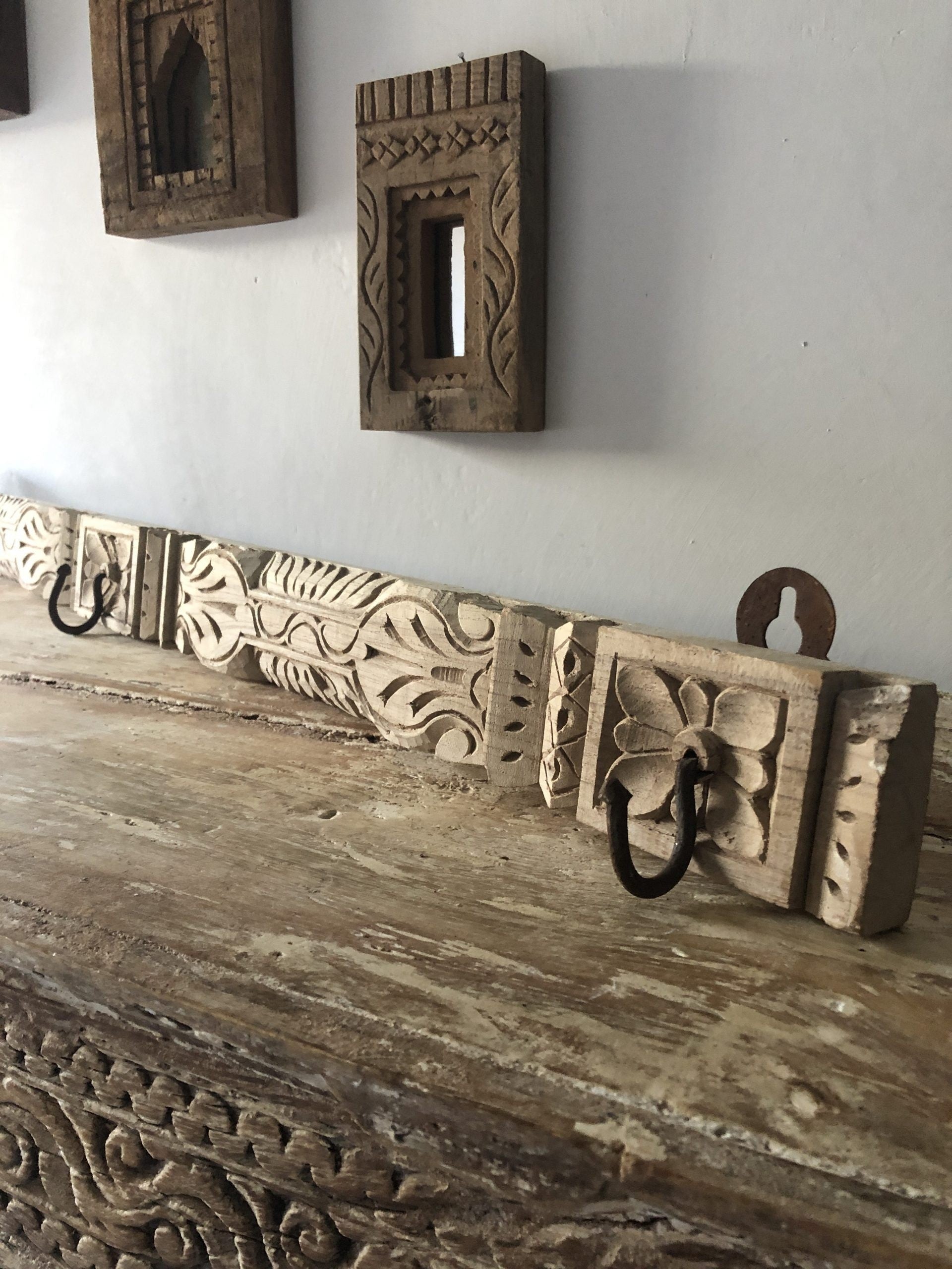 Hand Carved Floral Indian Wooden Coat Rack Wall Hanger with 3 Hooks - 100cm Rustic Home Entryway Organizer for Coats, Hats & Scarves - Perfect for Hallway, Bedroom or Mudroom Decor