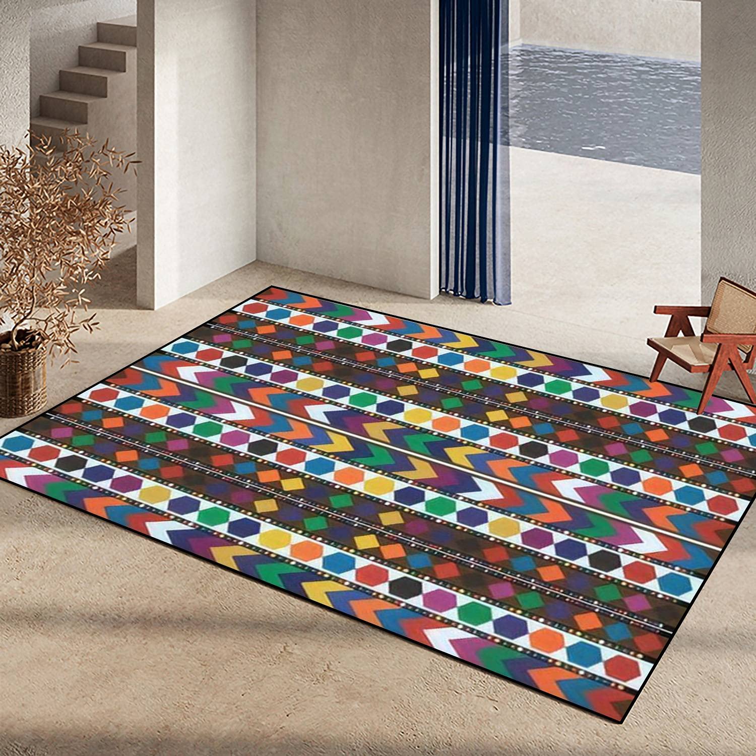 Non-Slip Area Rug with Traditional Ajrak Shawl Design - Indoor/Outdoor Floor Mat for Living Room, Bedroom, Kids Room, Yoga, Patio & Home Decor - Durable Carpet Runner & Doormat