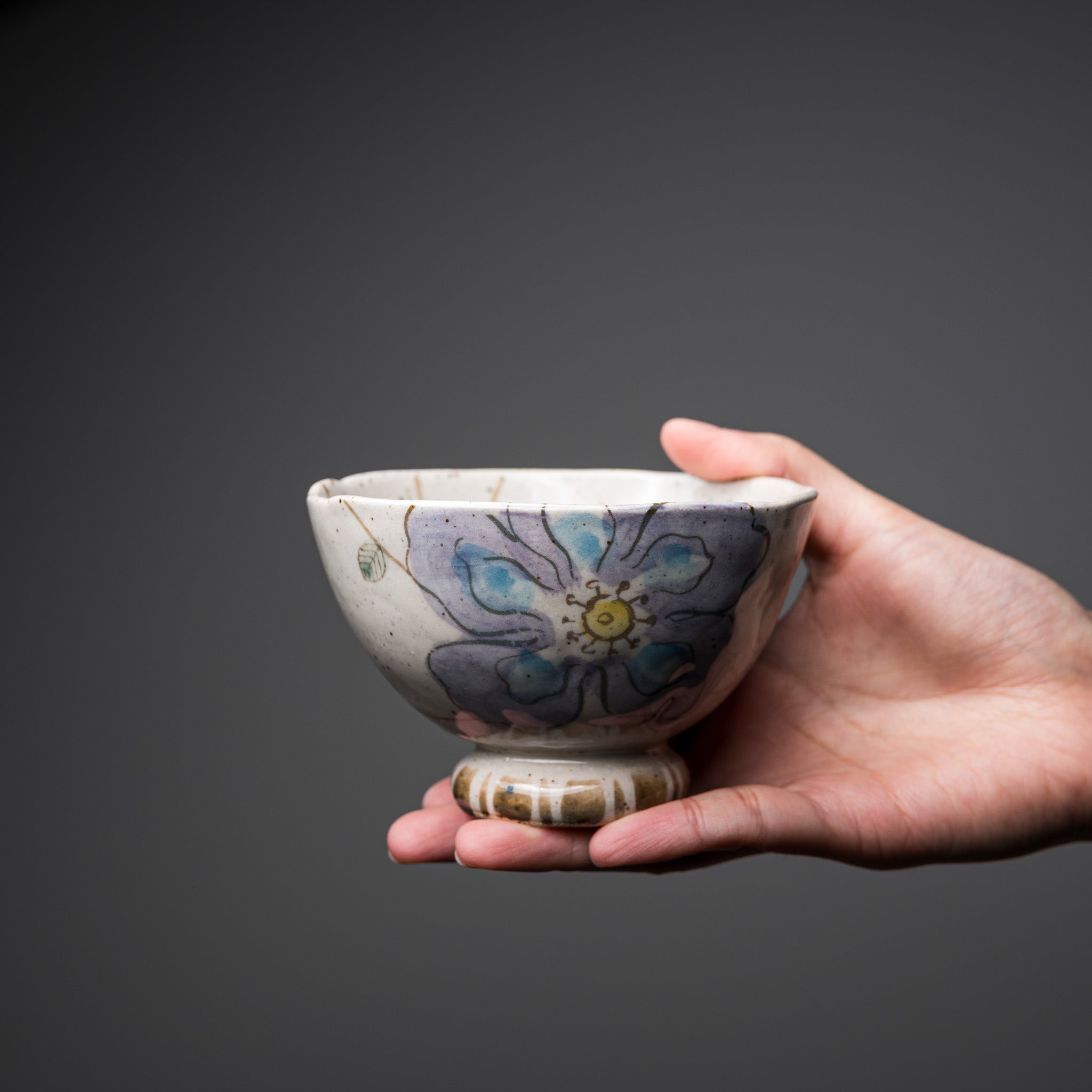Mino Ware Wildflowers Rice Bowl - Handmade Ceramic Japanese Tea Bowl in Blue - Perfect for Matcha, Sushi & Asian Dining