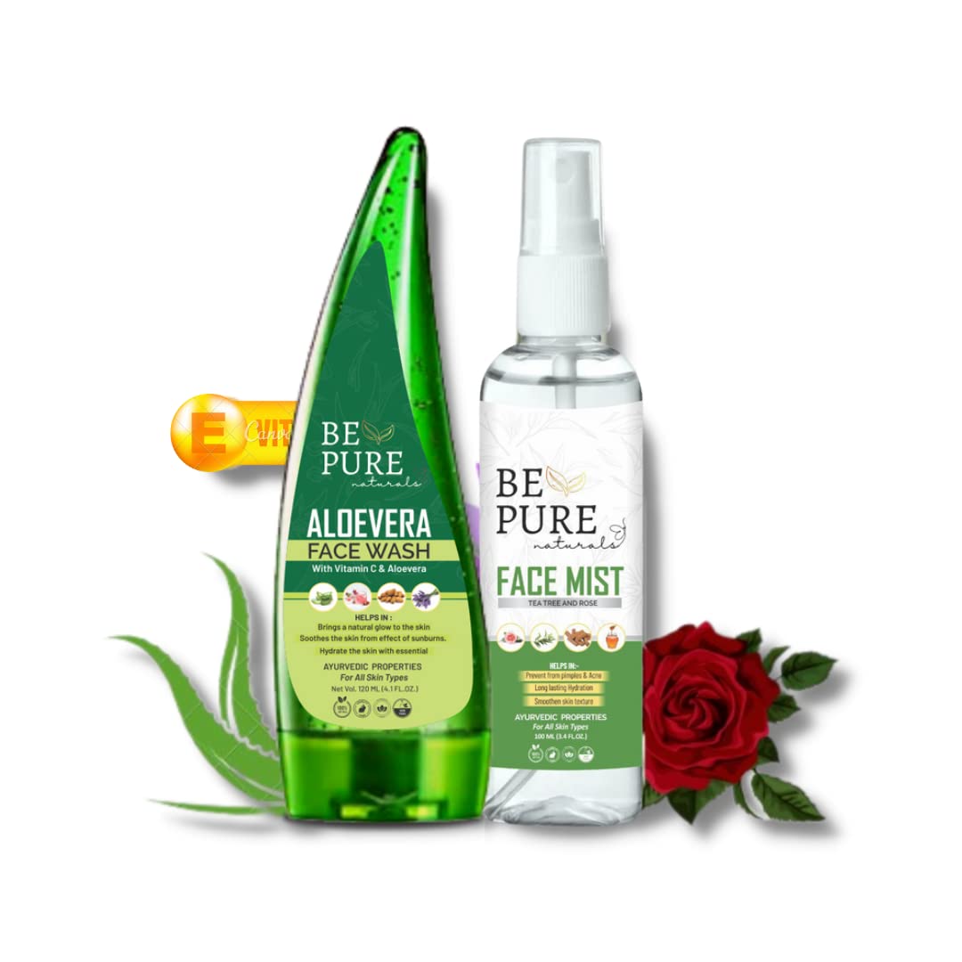Pimple & Acne Removal Kit - Aloe Vera Face Wash with Vitamin E & Tea Tree Face Mist (120ml+100ml) for Clear Skin | Daily Acne Treatment for Oily & Sensitive Skin | Face Care Combo for Teens & Adults