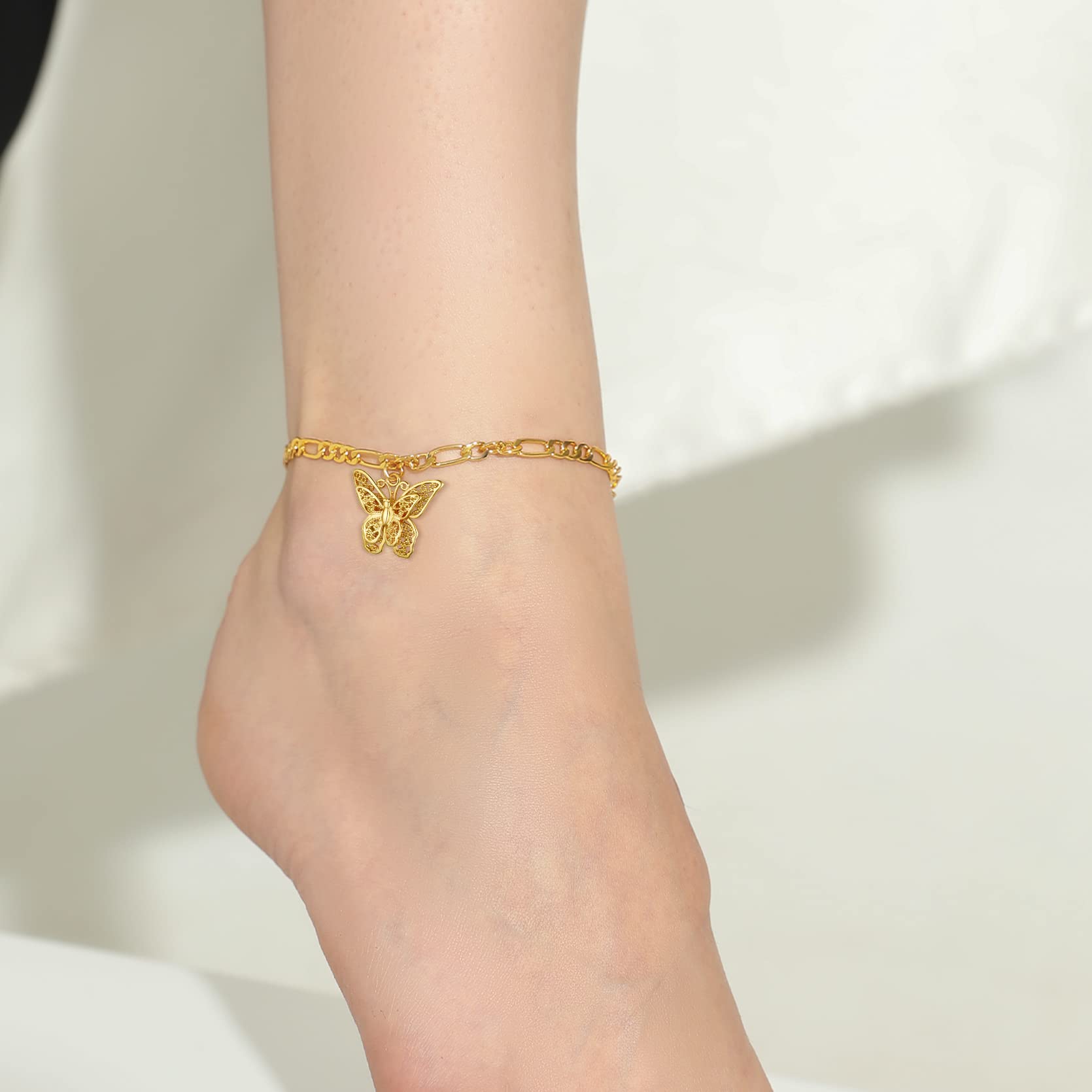GOLDCHIC JEWELRY 14K Gold Plated Butterfly Anklet for Women - Adjustable 8.5+2 Inch Figaro Chain Ankle Bracelet - Elegant Foot Jewelry for Summer, Beach, Parties & Special Occasions