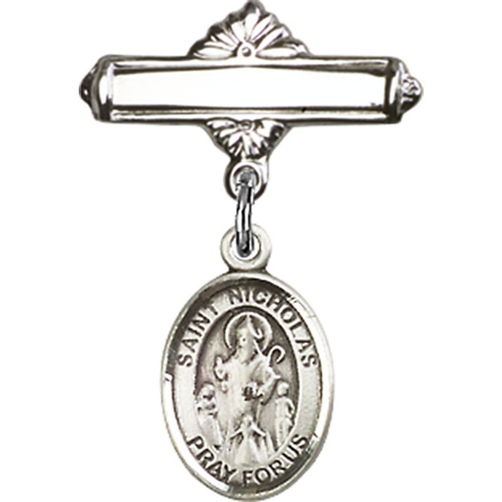 Sterling Silver Baby Badge with St. Nicholas Charm - 1 X 5/8 Inch Polished Pin for Christening, Baptism & First Communion Gifts - Elegant Religious Keepsake for Newborns