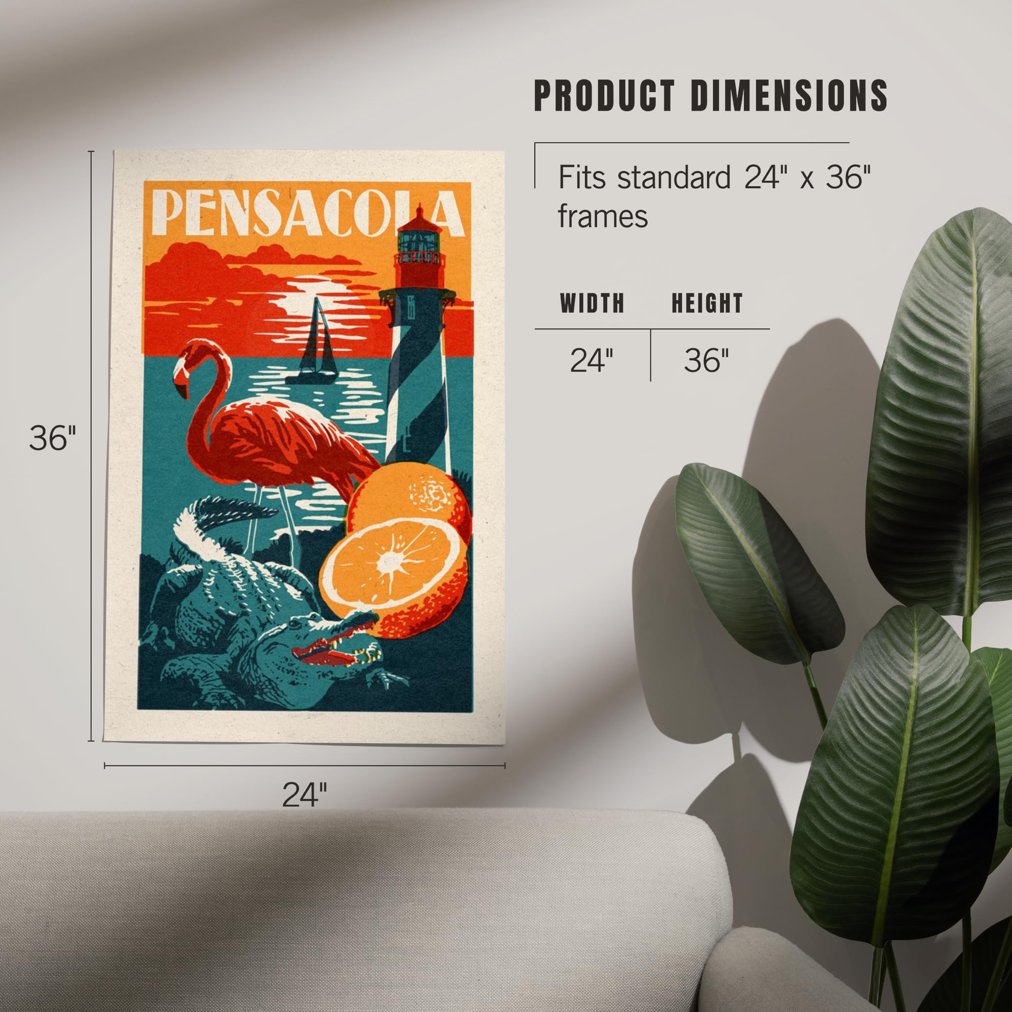 Lantern Press 24x36 Inch Giclee Art Print - Pensacola Florida Woodblock Wall Decor | Coastal Home Decor, Beach House Artwork, Living Room Wall Art