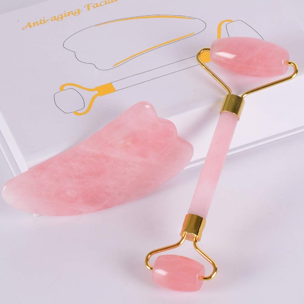 Rose Quartz Roller & Gua Sha Set - Wing Shaped & Mushroom Facial Massage Tools for Anti-Aging, Dark Circles & Puffiness | Natural Skincare Routine for Glowing Skin at Home or Spa