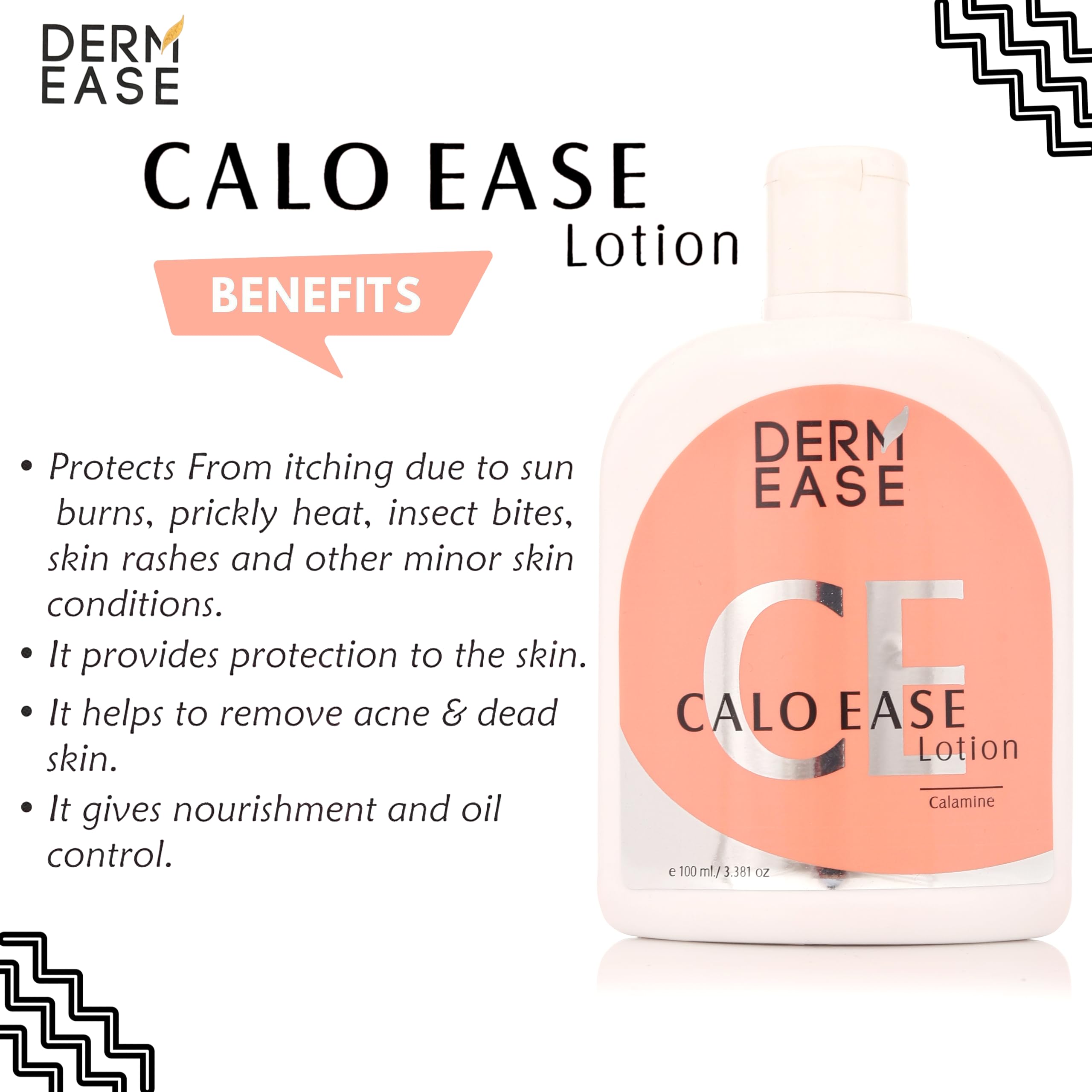 Derm Ease Calo Ease Calamine Lotion 100ml - Soothing Relief for Dry Skin Itching, Chickenpox, Pregnancy Rashes & Skin Irritations | Face & Body Care Solution for Adults & Kids
