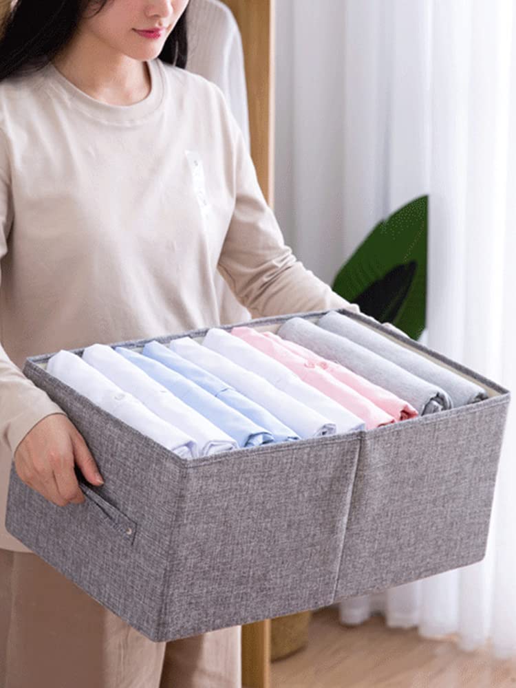 Foldable Cotton Linen Closet Storage Box with Handle - Washable Drawer Organizer for Underwear, Scarves, Dress Pants & T-Shirts (Grey, Large) - Perfect for Bedroom, Closet & Travel Storage Organization