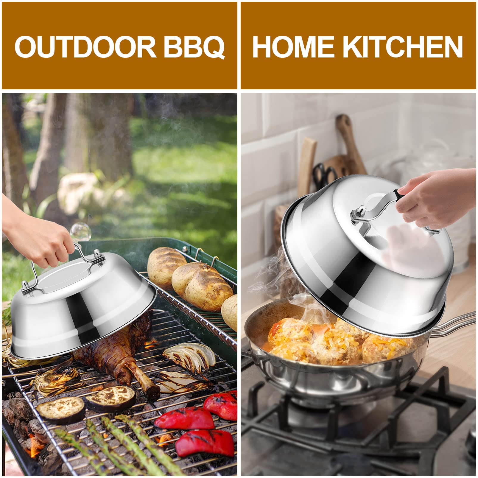 Joyfair 9-Inch Stainless Steel Cheese Melting Dome & BBQ Basting Cover - Heavy Duty Heatproof Lid for Grilling Steak, Melting Cheese, Steaming Vegetables - Perfect for Outdoor Cooking, Camping & Backyard BBQs (2-Pack)