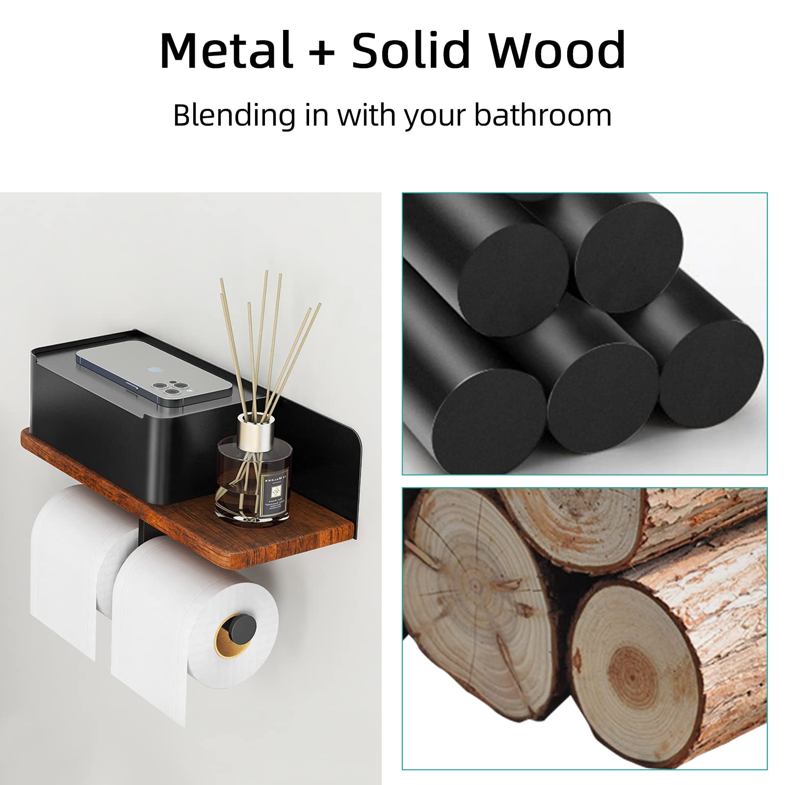 Double Roll Toilet Paper Holder with Shelf & Wipes Dispenser - Wall Mount Bathroom Storage Organizer in Black Metal & Solid Wood - Perfect for Aromatherapy, Phone Storage & Tissue Organization