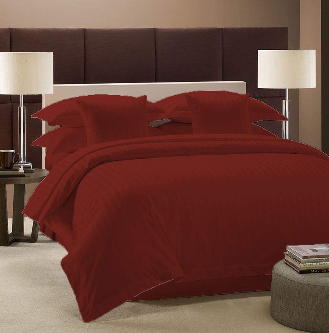 Premium 7-Piece Bedding Set - 100% Egyptian Cotton 800 Thread Count Stripe Duvet Cover & Sheet Set for Twin XL Bed - Burgundy Luxury Bed Linens for Guest Rooms, Dorms & Cozy Bedroom Upgrades