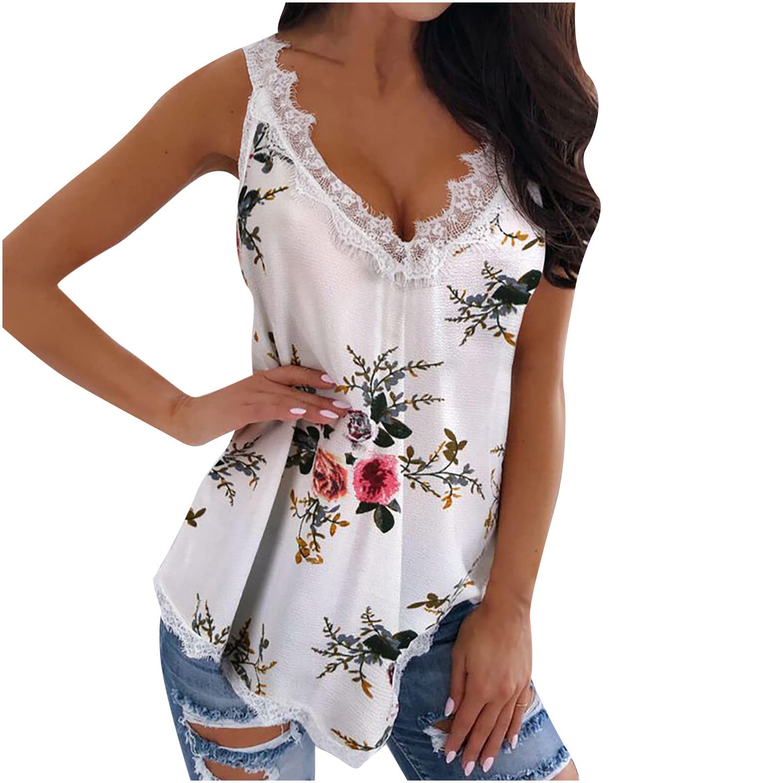 Women's Floral Print Lace V-Neck Tunic Tank Top - White Sleeveless Casual Camisole for Summer, Beach, and Layering