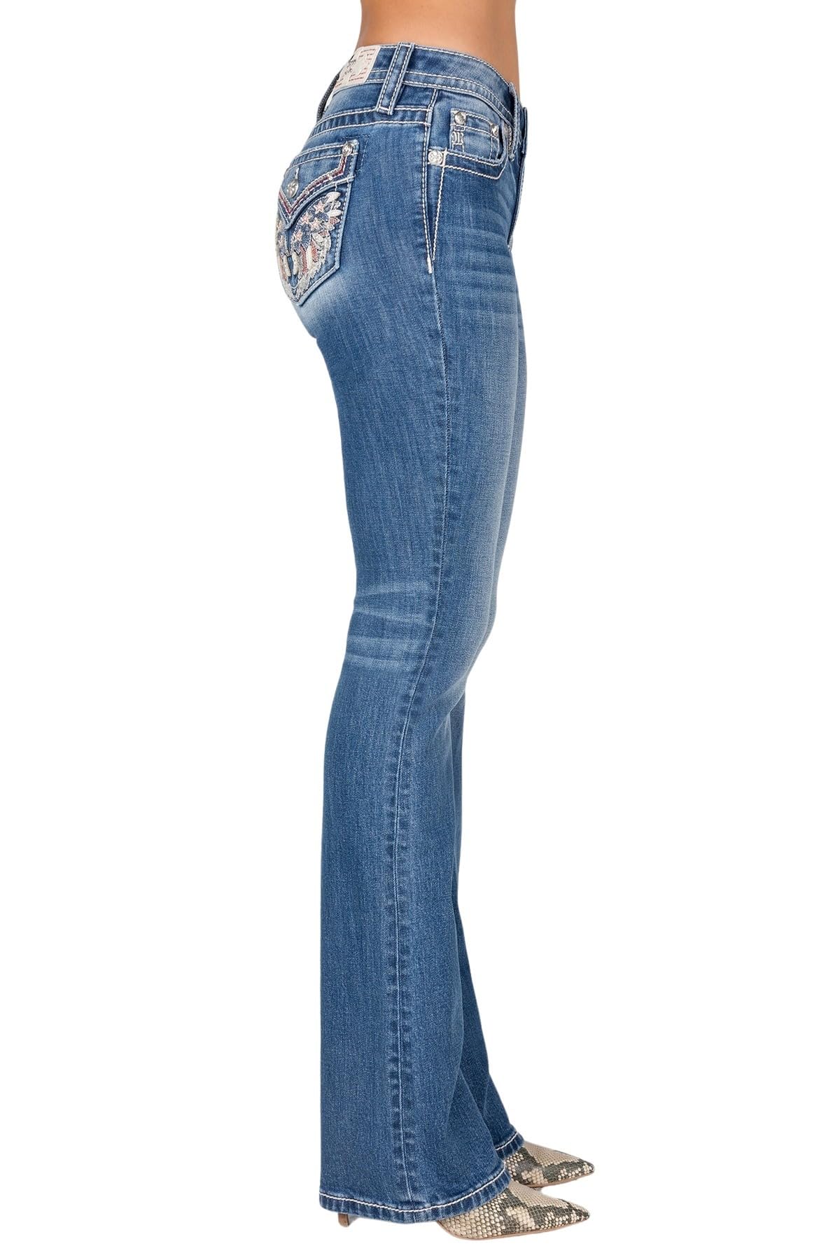 Miss Me Women's Mid-Rise Bootcut Jeans - Patriotic Red White & Blue Feather Design, Stretch Denim with Faux Flap Pockets | Comfortable & Stylish for Casual Wear, Date Night & Western Outfits