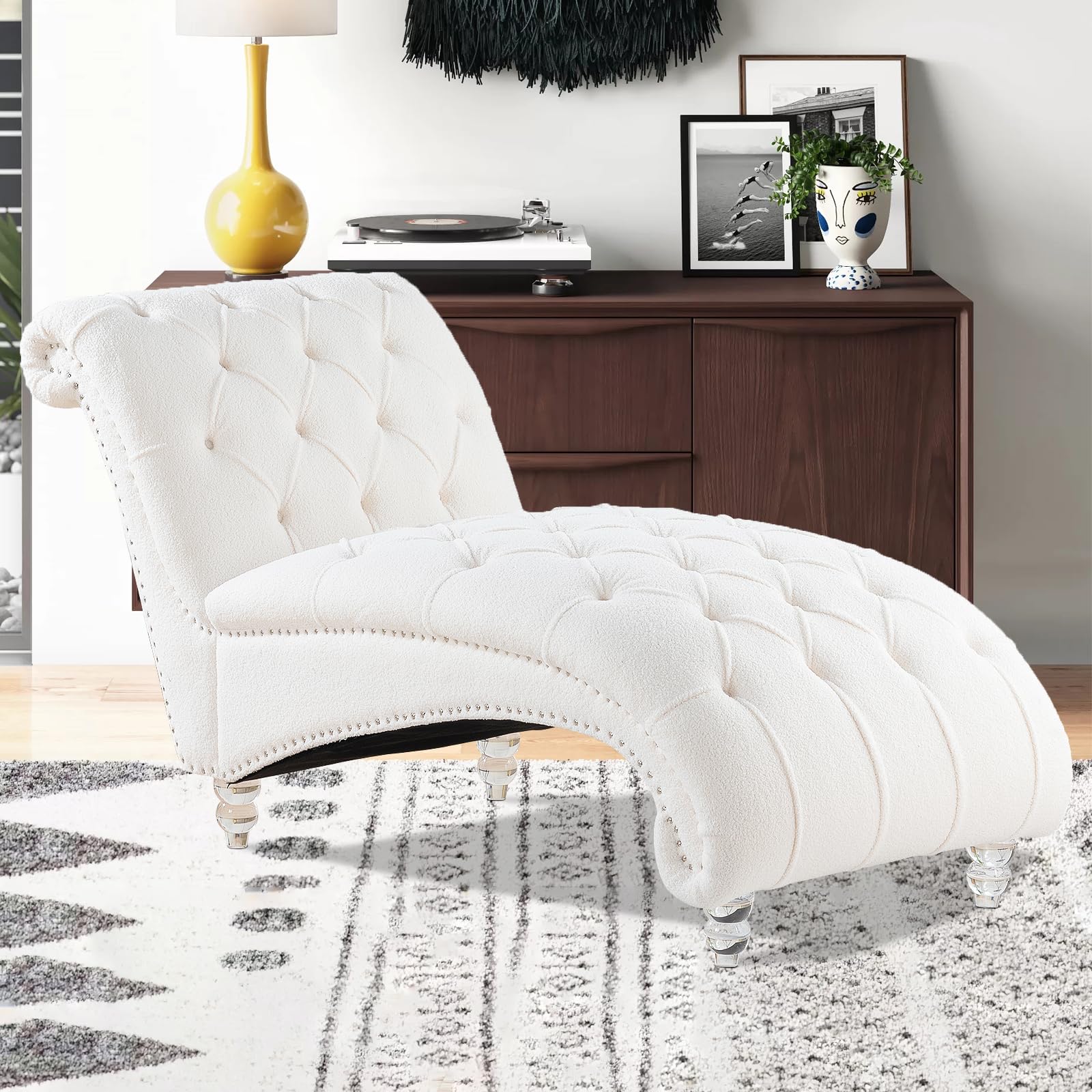 White Velvet Armless Chaise Lounge Chair - Modern Indoor Sleeper Couch for Living Room & Bedroom - Soft Fabric Fainting Sofa - Perfect for Relaxing, Reading or Napping
