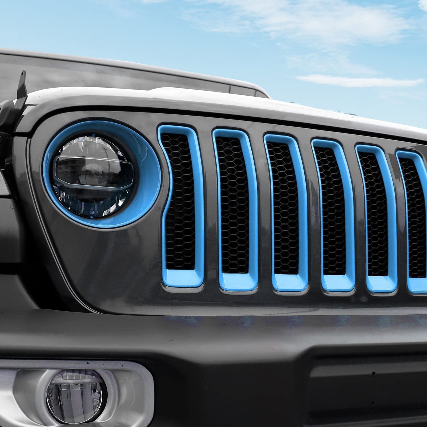 CheroCar JL Mesh Grille Insert & Headlight Turn Signal Cover Trim - Exterior Accessories for Jeep Wrangler JL (2018-2022) - Light Blue | Off-Road Style Upgrade & Customization