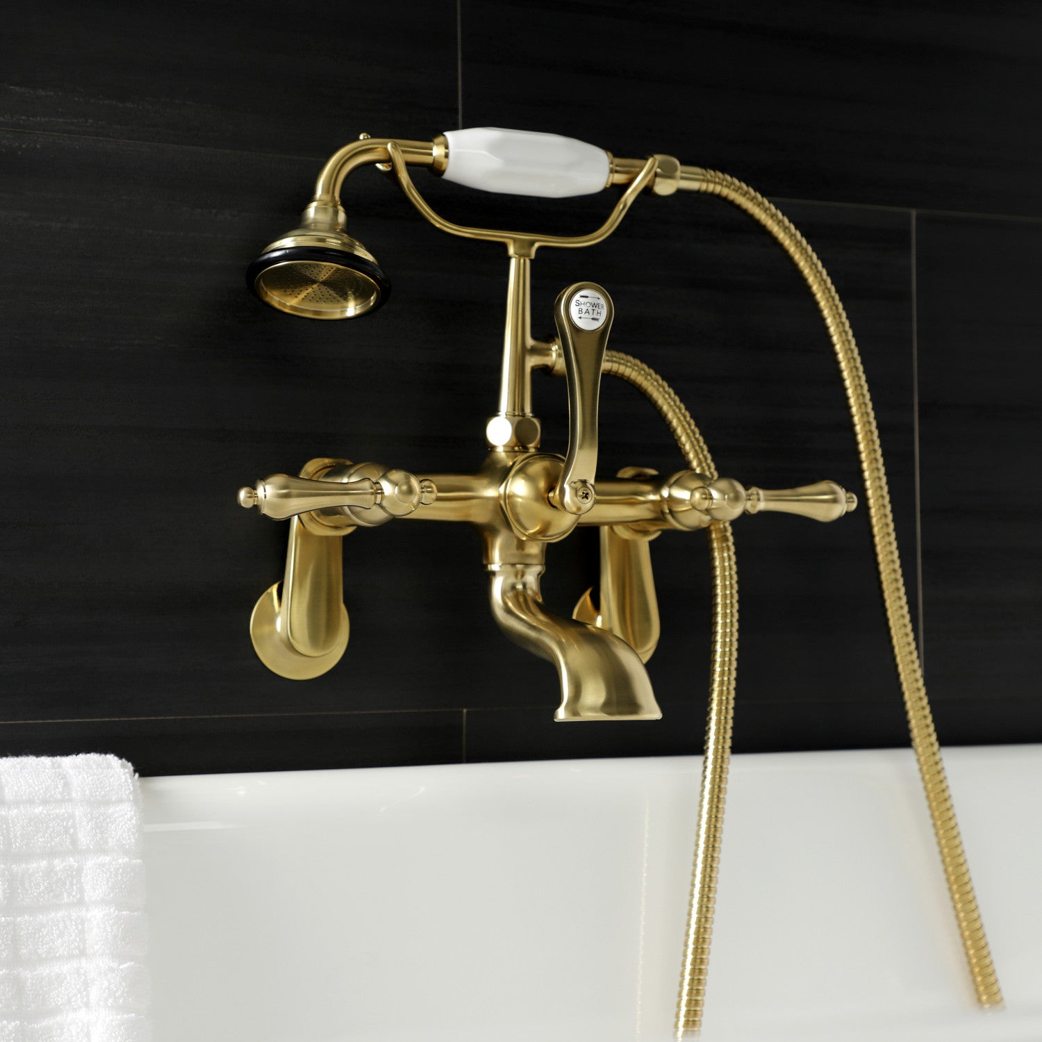 Vintage AE51T7 3-Handle Wall Mount Clawfoot Bathtub Faucet with Hand Shower in Brushed Brass - Perfect for Classic Bathroom Renovations and Luxury Spa Retreats