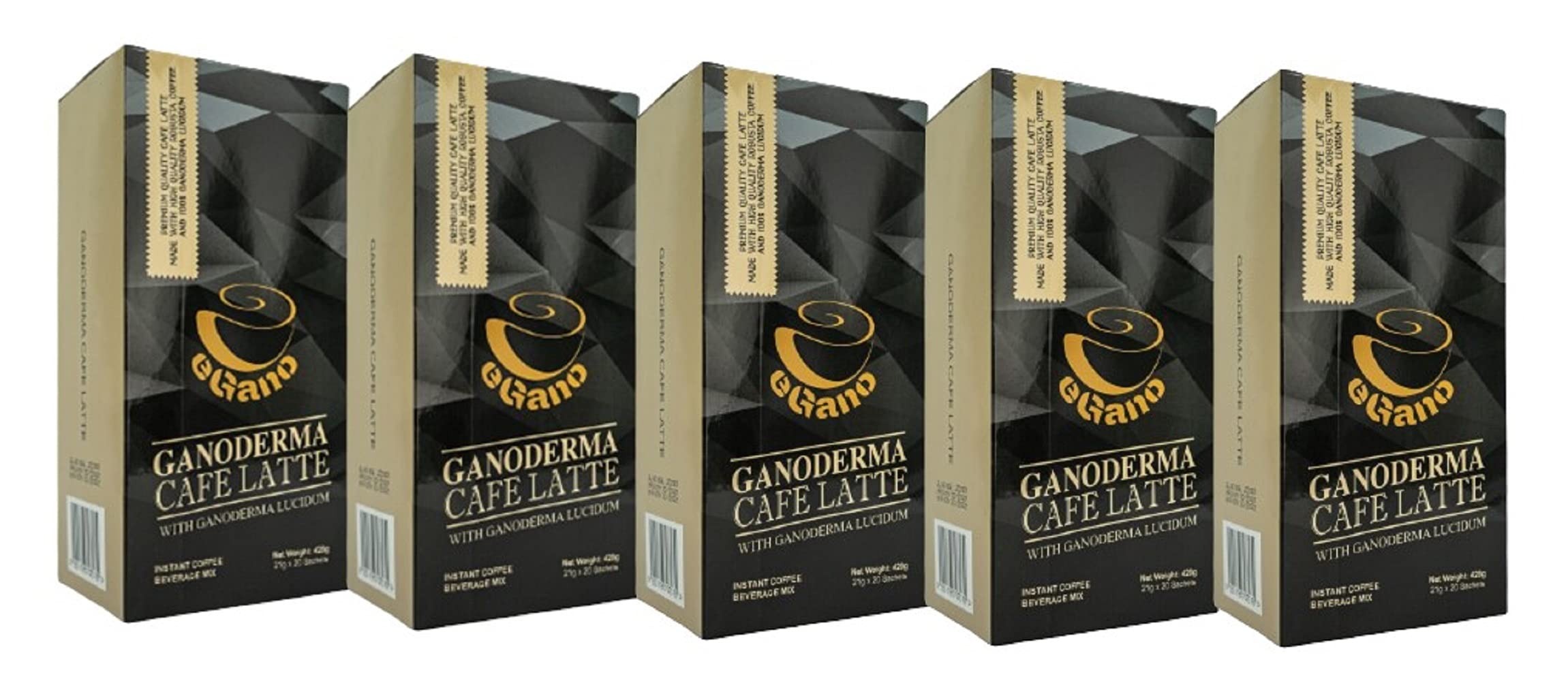 Premium Ganoderma Lucidum Latte Instant Coffee - 5 Boxes (21g x 20 Sachets) with Organic Reishi Mushroom Extract - Energizing & Immune Support Drink for Home, Office & Travel