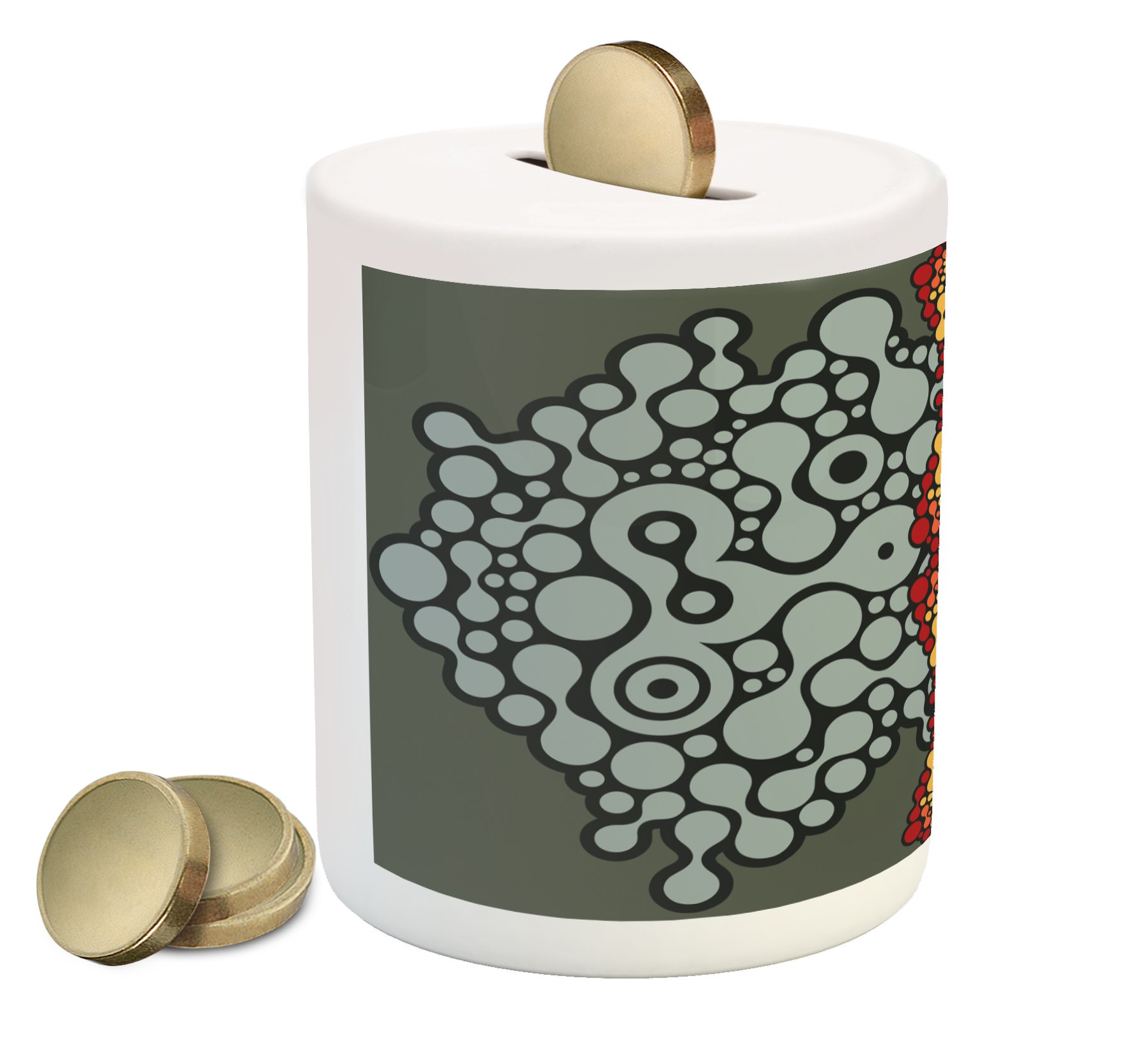Ambesonne Modern Ceramic Piggy Bank - Blue Grey Geometric Circles Design, Money Box for Cash Saving (Marigold Yellow & Orange) - Perfect for Kids' Savings, Home Decor & Gift Giving
