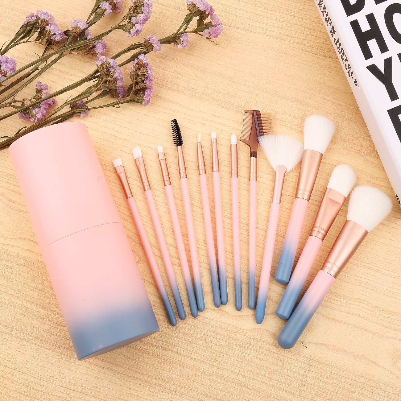 MACPLUS 12-Piece Makeup Brush Set with Storage Barrel - Soft Light Pink Brushes for Foundation, Blush, Eyeshadow & More | Perfect for Travel & Professional Makeup Artists