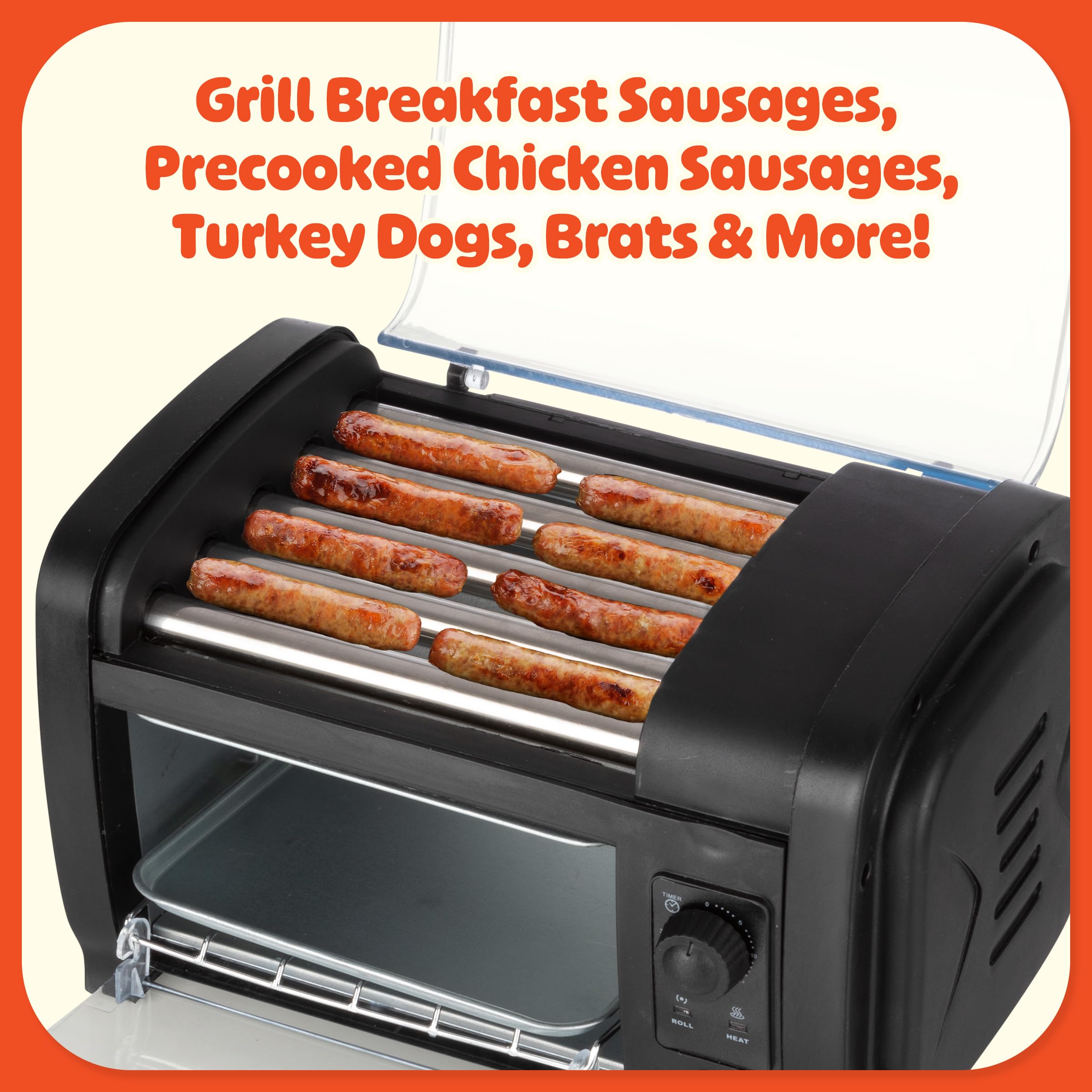 Commercial Hot Dog Roller Machine with Bun Warmer - 5 Stainless Steel Rollers & Baking Tray, Adjustable Timer for Restaurants, Food Trucks, and Convenience Stores