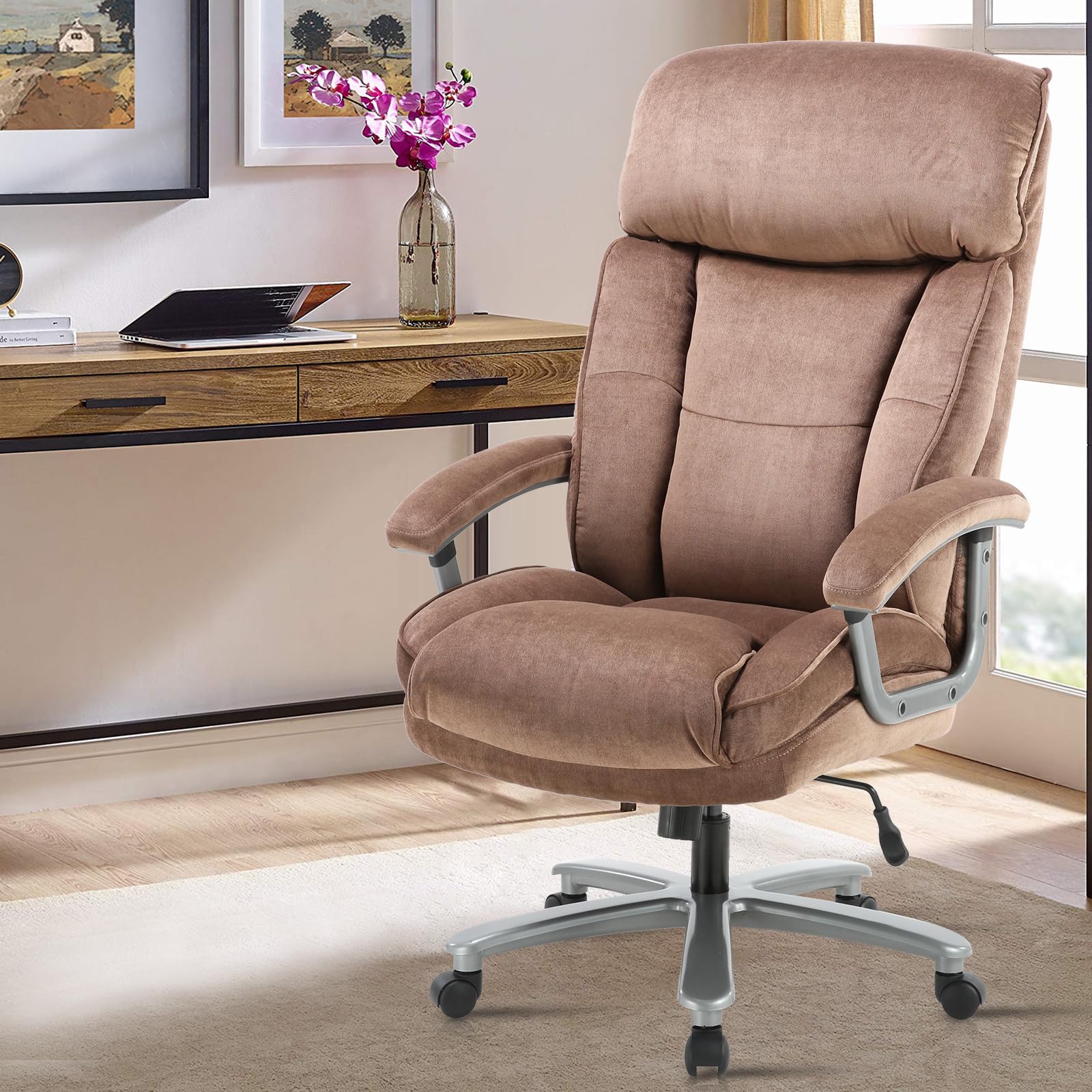 CLATINA Ergonomic Big and Tall Executive Office Chair - 400lbs Weight Capacity, Adjustable Height, Thick Padding with Headrest & Armrest - Upholstered Swivel Chair for Home Office (Beige) - Perfect for Long Work Hours and Comfortable Workspace Setup