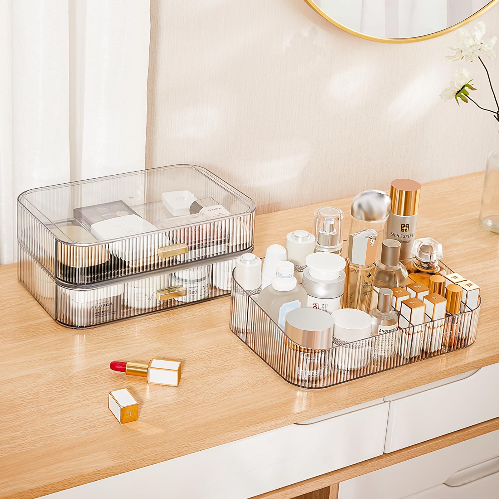 Clear Acrylic Makeup Organizer with Stackable Drawers - Large Cosmetic Storage for Vanity, Skincare, Lipsticks, Eyeshadow Palettes & Nail Care - Perfect for Dresser, Bathroom Countertop & Travel Beauty Organization