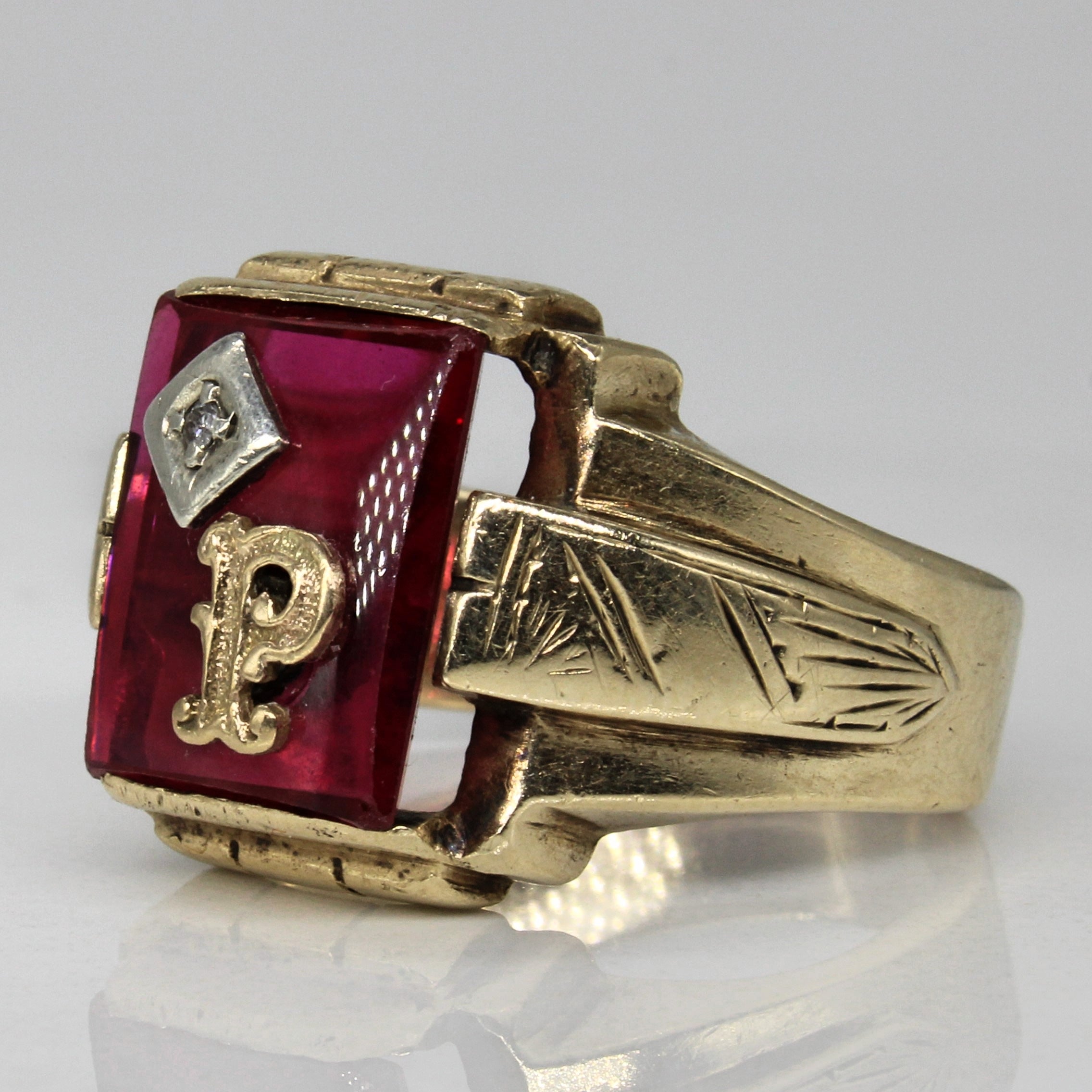 Synthetic Ruby & Diamond Initial 'P' Ring - 3.00ct Ruby & 0.01ct Diamond - Size 7.75 - Personalized Name Ring for Women - Perfect Gift for Birthday, Anniversary & Valentine's Day