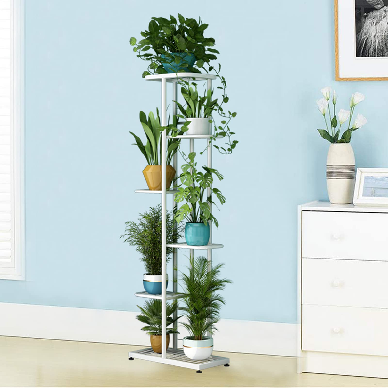 6-Tier Metal Plant Stand for Indoor & Outdoor - 7 Potted Flower Holder Shelf for Patio, Garden, Balcony & Living Room - White Planter Display Shelving Unit for Home Decor & Space Saving