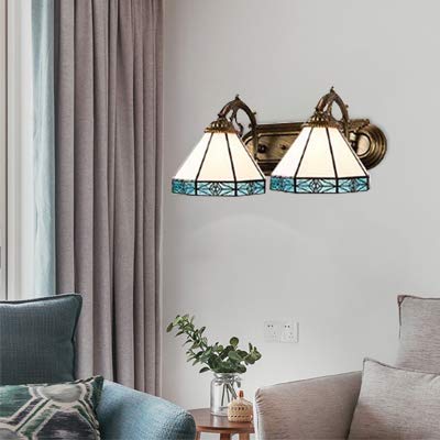 Tiffany Style Wall Sconce Lamp - 9 Inch Glass Mirror Front Light Fixture for Bedroom, Living Room, Hallway | Mermaid Arm Design with Blue Stained Glass (2-Light Basic) - Perfect for Ambient Lighting & Home Decor