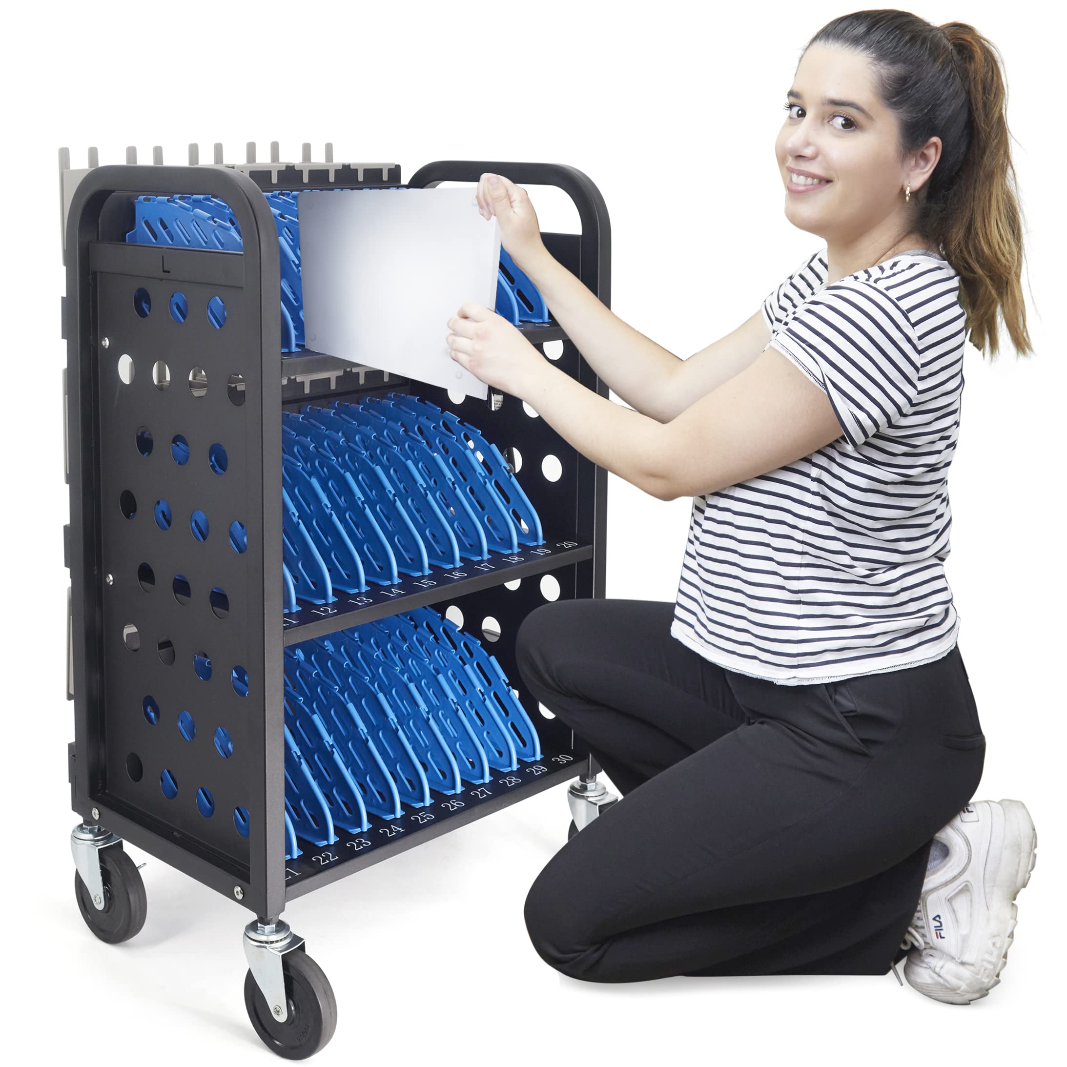 30-Unit Mobile Charging Cart for Chromebooks & Tablets - Open Charging Station with Cable Management - Black Tablet Organizer for Schools & Offices - Perfect for Classroom Tech Storage & Device Charging