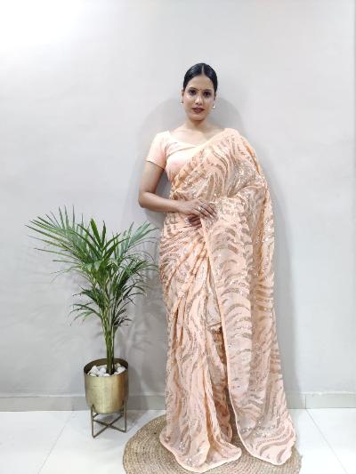 1 Minute Peach Sequins Stitched Ready-Made Saree - UK Next Day Delivery | Perfect for Weddings, Parties & Festive Occasions