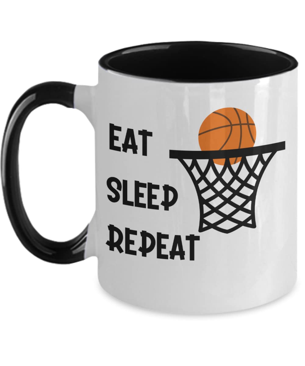 Funny Two-Tone Basketball Coffee Mug - Perfect Gift for Basketball Players & Fans - 'Eat Sleep Hoops Repeat' Design - Great for Coffee, Tea & Office Use